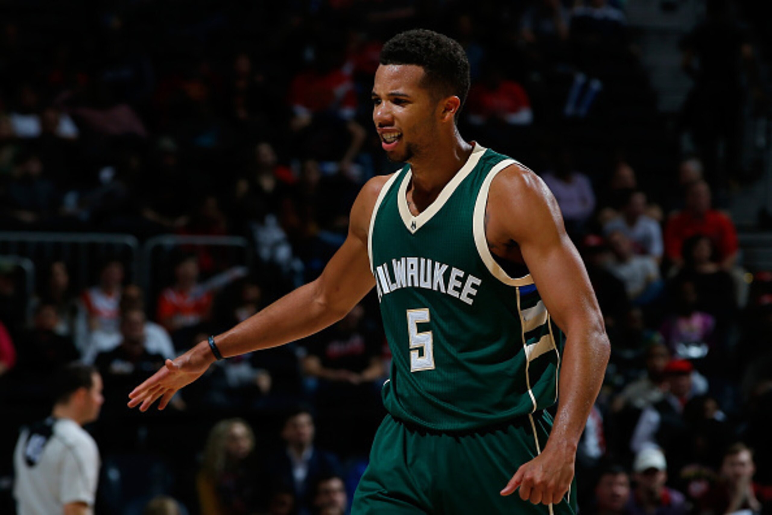 ATLANTA, GA - FEBRUARY 20:  Michael Carter-Williams #5 of the Milwaukee Bucks reacts after a basket in the second overtime of their 117-109 win over the Atlanta Hawks at Philips Arena on February 20, 2016 in Atlanta, Georgia.  NOTE TO USER User expressly 