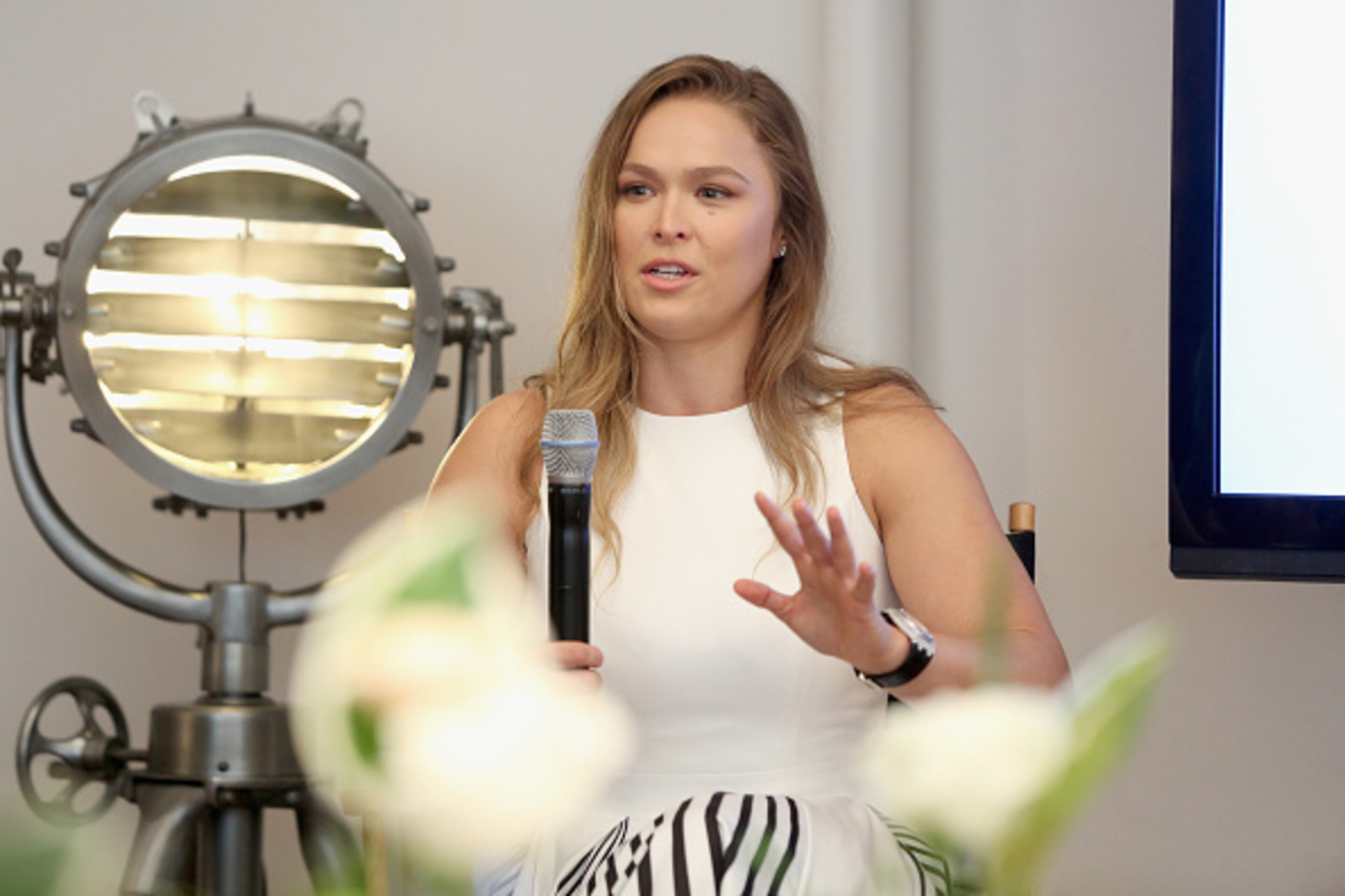 NEW YORK, NY - JULY 12: Mixed martial artist Ronda Rousey speaks during her #PerfectNever Campaign launch with Reebok Women on July 12, 2016 in New York City. (Photo by Cindy Ord/Getty Images for Reebok) NEW YORK, NY - JULY 12: Mixed martial artist Ronda Rousey speaks during her #PerfectNever Campaign launch with Reebok Women on July 12, 2016 in New York City. (Photo by Cindy Ord/Getty Images for Reebok)