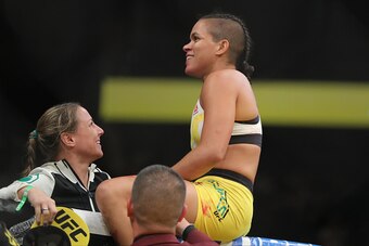 LAS VEGAS, NV - JULY 9: Amanda Nunes celebrates his victory over Miesha Tate during the UFC 200 event at T-Mobile Arena on July 9, 2016 in Las Vegas, Nevada. (Photo by Rey Del Rio/Getty Images)