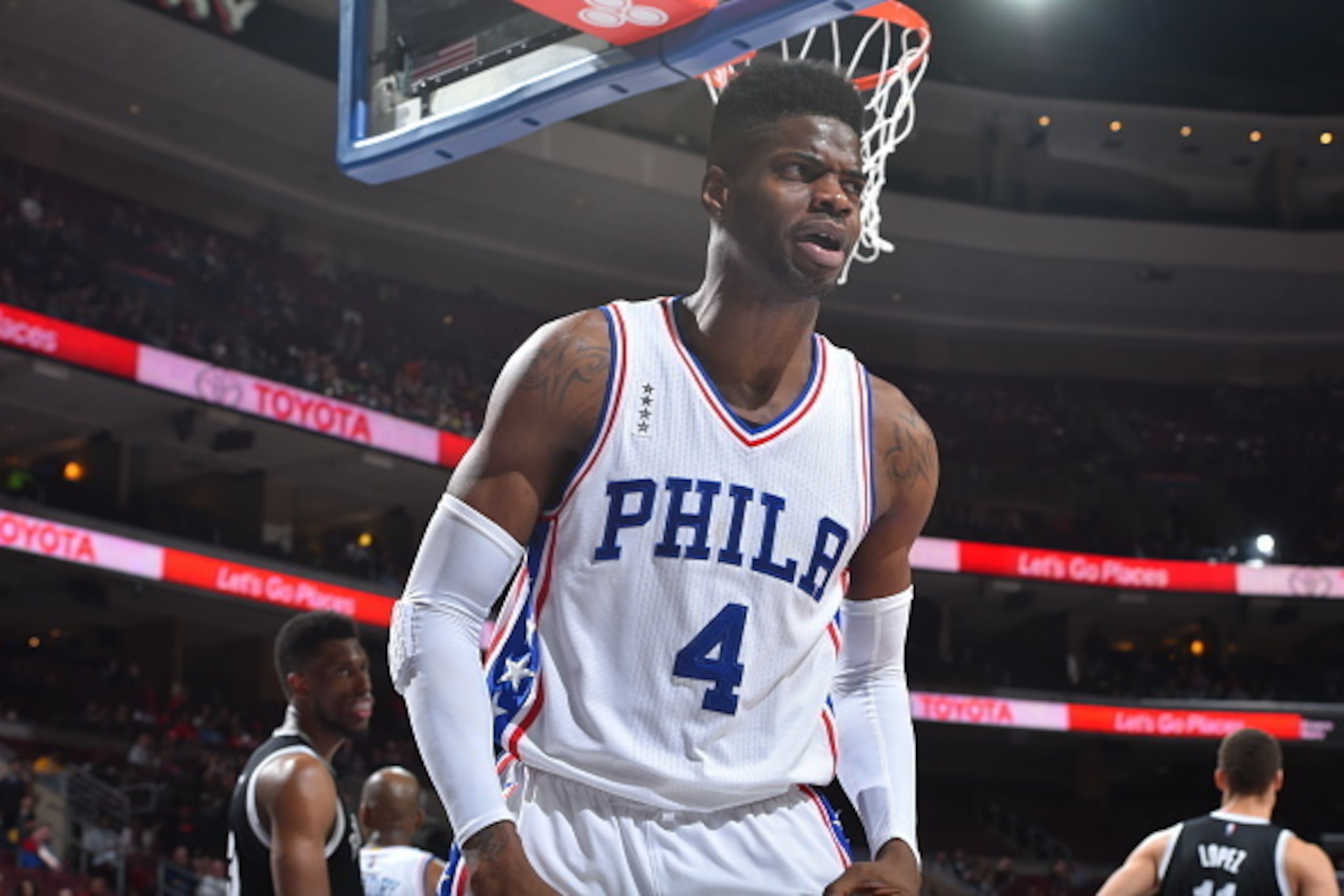 PHILADELPHIA,PA - MARCH 11:  Nerlens Noel #4 of the Philadelphia 76ers reacts after a play against the Brooklyn Nets at Wells Fargo Center on March 11, 2016 in Philadelphia, Pennsylvania NOTE TO USER: User expressly acknowledges and agrees that, by downlo