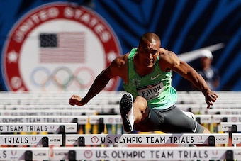EUGENE, OR - JULY 03:  Ashton Eaton during the Men's Decathlon 110 Meter Hurdles during the 2016 U.S. Olympic Track & Field Team Trials at Hayward Field on July 3, 2016 in Eugene, Oregon.  (Photo by Patrick Smith/Getty Images)