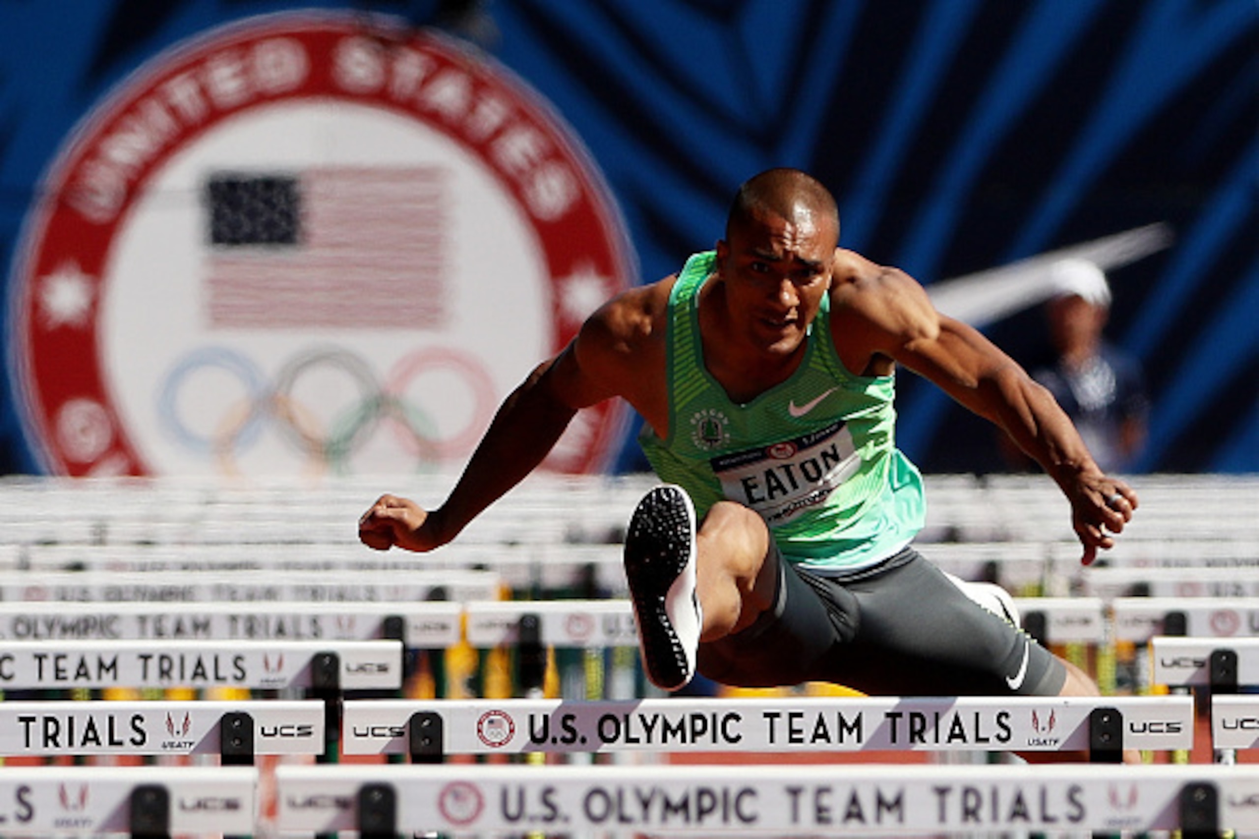 EUGENE, OR - JULY 03:  Ashton Eaton during the Men's Decathlon 110 Meter Hurdles during the 2016 U.S. Olympic Track & Field Team Trials at Hayward Field on July 3, 2016 in Eugene, Oregon.  (Photo by Patrick Smith/Getty Images)