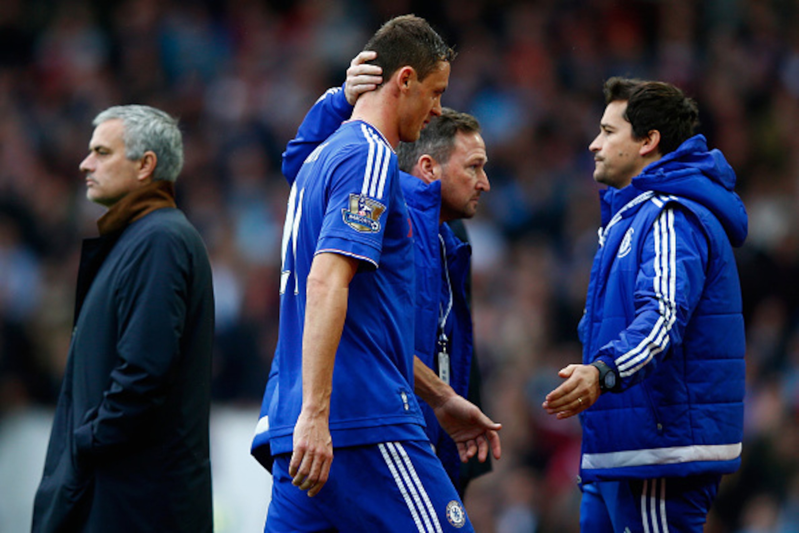 LONDON, ENGLAND - OCTOBER 24: Nemanja Matic (2nd L) of Chelsea walks past Manager Jose Mourinho (1st L) after being shown a red card during the Barclays Premier League match between West Ham United and Chelsea at Boleyn Ground on October 24, 2015 in Lond LONDON, ENGLAND - OCTOBER 24: Nemanja Matic (2nd L) of Chelsea walks past Manager Jose Mourinho (1st L) after being shown a red card during the Barclays Premier League match between West Ham United and Chelsea at Boleyn Ground on October 24, 2015 in Lond