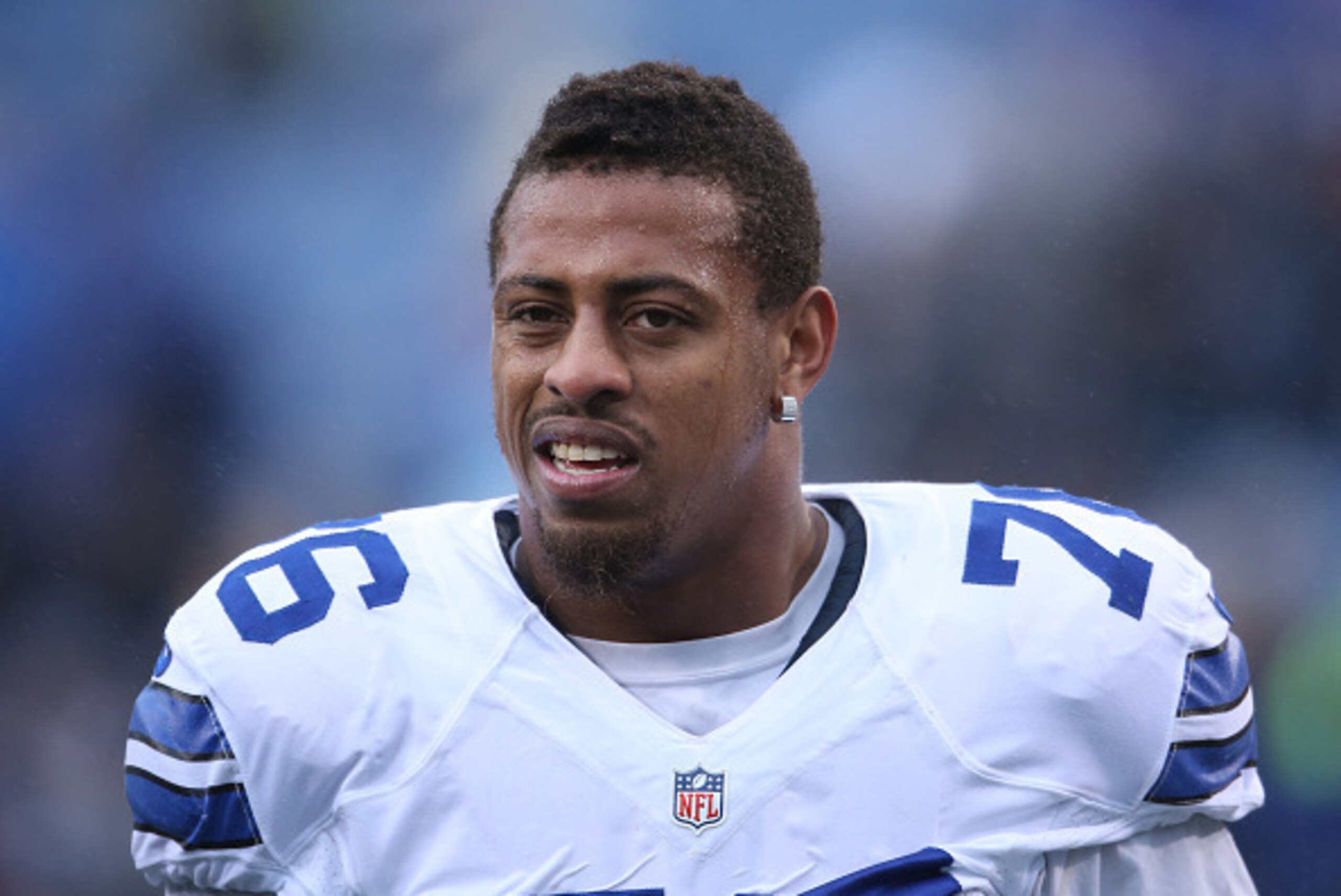 ORCHARD PARK, NY - DECEMBER 27: Greg Hardy #76 of the Dallas Cowboys warms up before the start of their game against the Buffalo Bills during NFL game action at Ralph Wilson Stadium on December 27, 2015 in Orchard Park, New York. (Photo by Tom Szczerbowsk