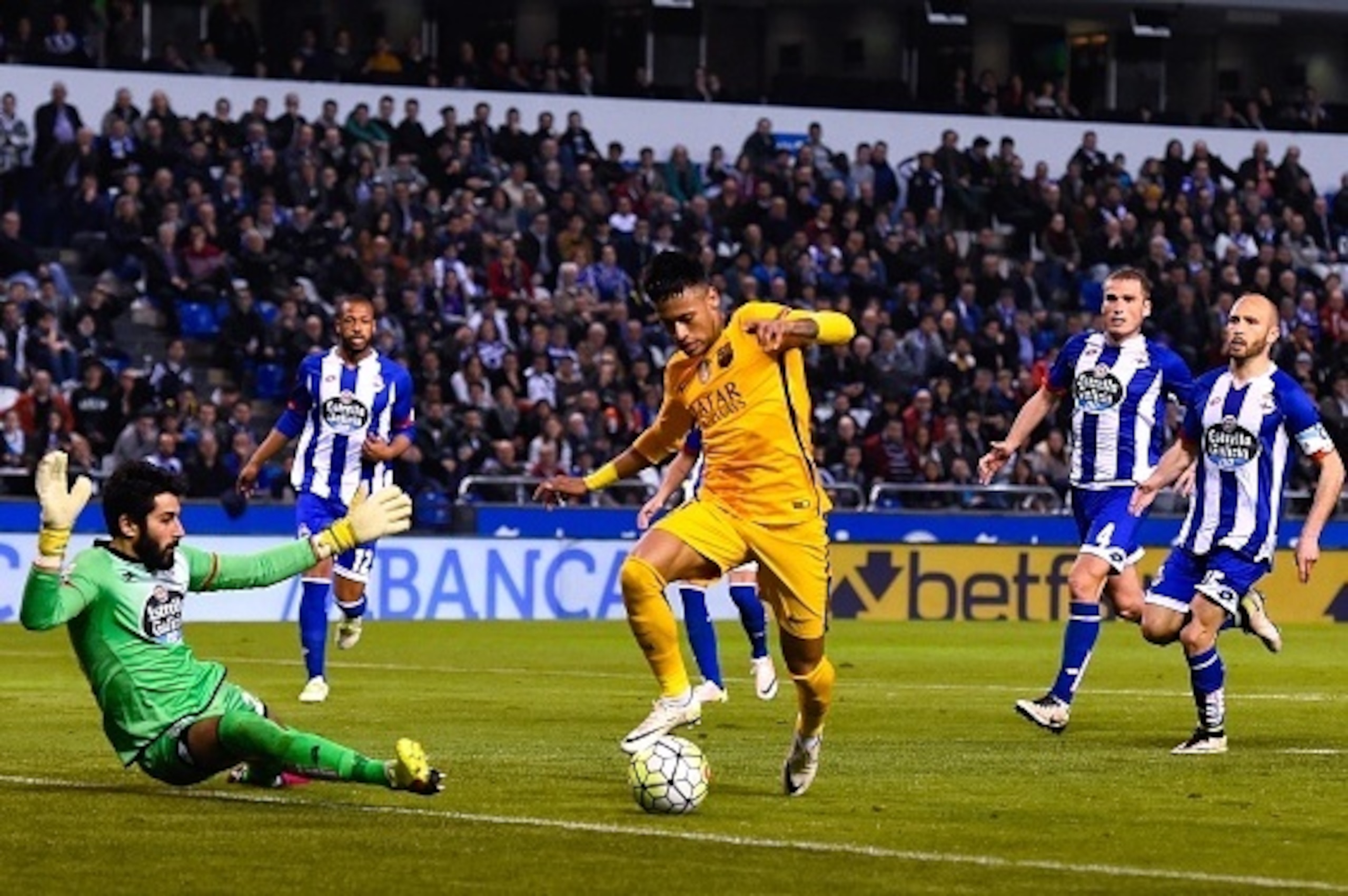 LA CORUNA, SPAIN - APRIL 20:  Neymar of FC Barcelona scores his team's eighth goal during the La Liga match between RC Deportivo La Coruna and FC Barcelona at Riazor Stadium on April 20, 2016 in La Coruna, Spain.  (Photo by David Ramos/Getty Images)