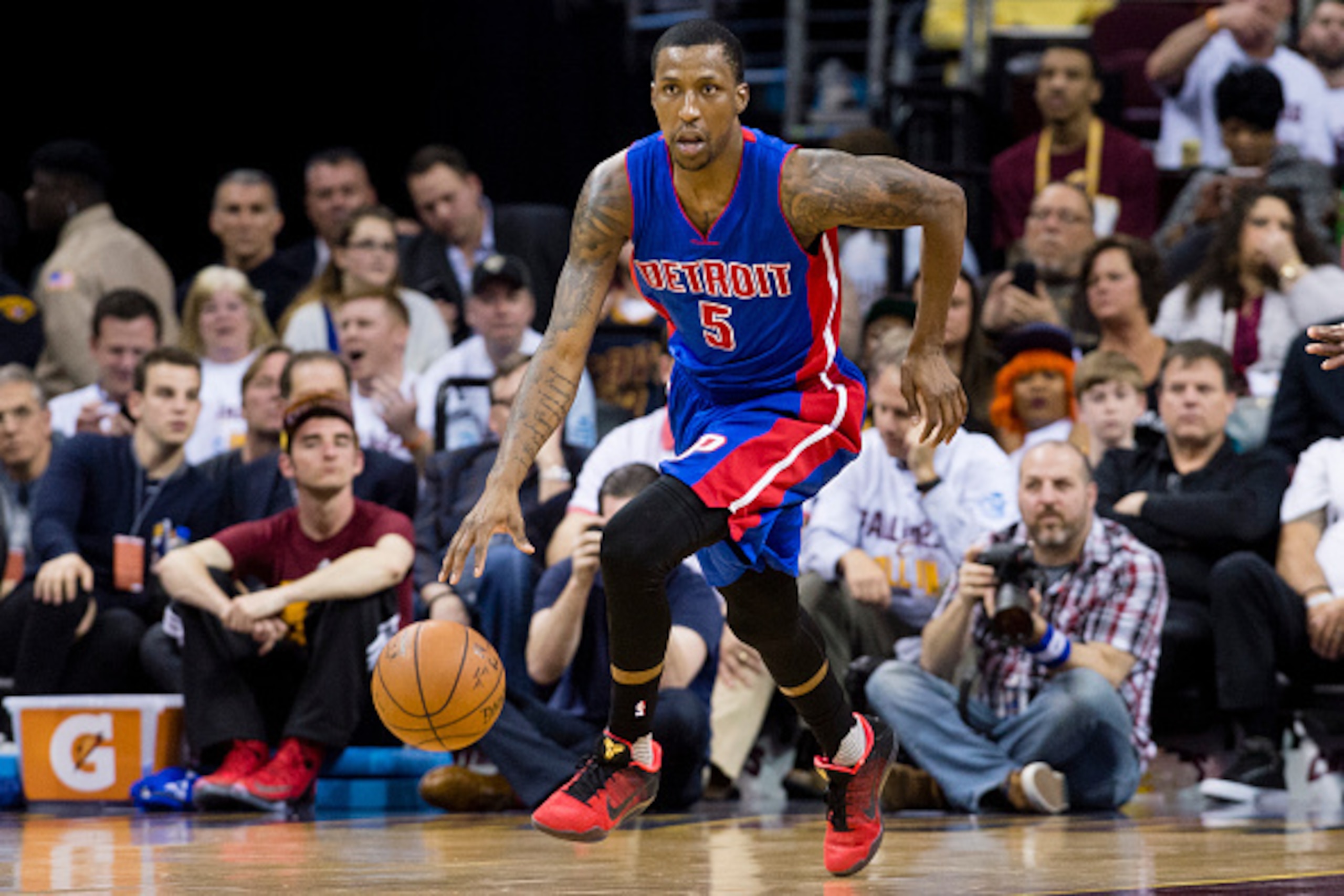 CLEVELAND, OH - APRIL 20: Kentavious Caldwell-Pope #5 of the Detroit Pistons drives down court during the second half of the NBA Eastern Conference quarterfinals at Quicken Loans Arena on April 20, 2016 in Cleveland, Ohio. The Cavaliers defeated the Pisto