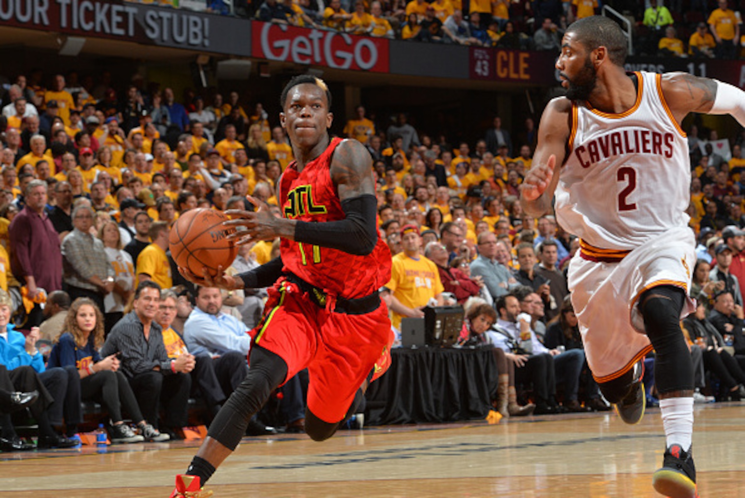 CLEVELAND,OH MAY 2 :  Dennis Schroder #17 of the Atlanta Hawks drives to the basket against the Cleveland Cavaliers during the Eastern Conference Semifinals Game One on May 2, 2016 at The Quicken Loans Arena in Cleveland, Ohio. NOTE TO USER: User expressl