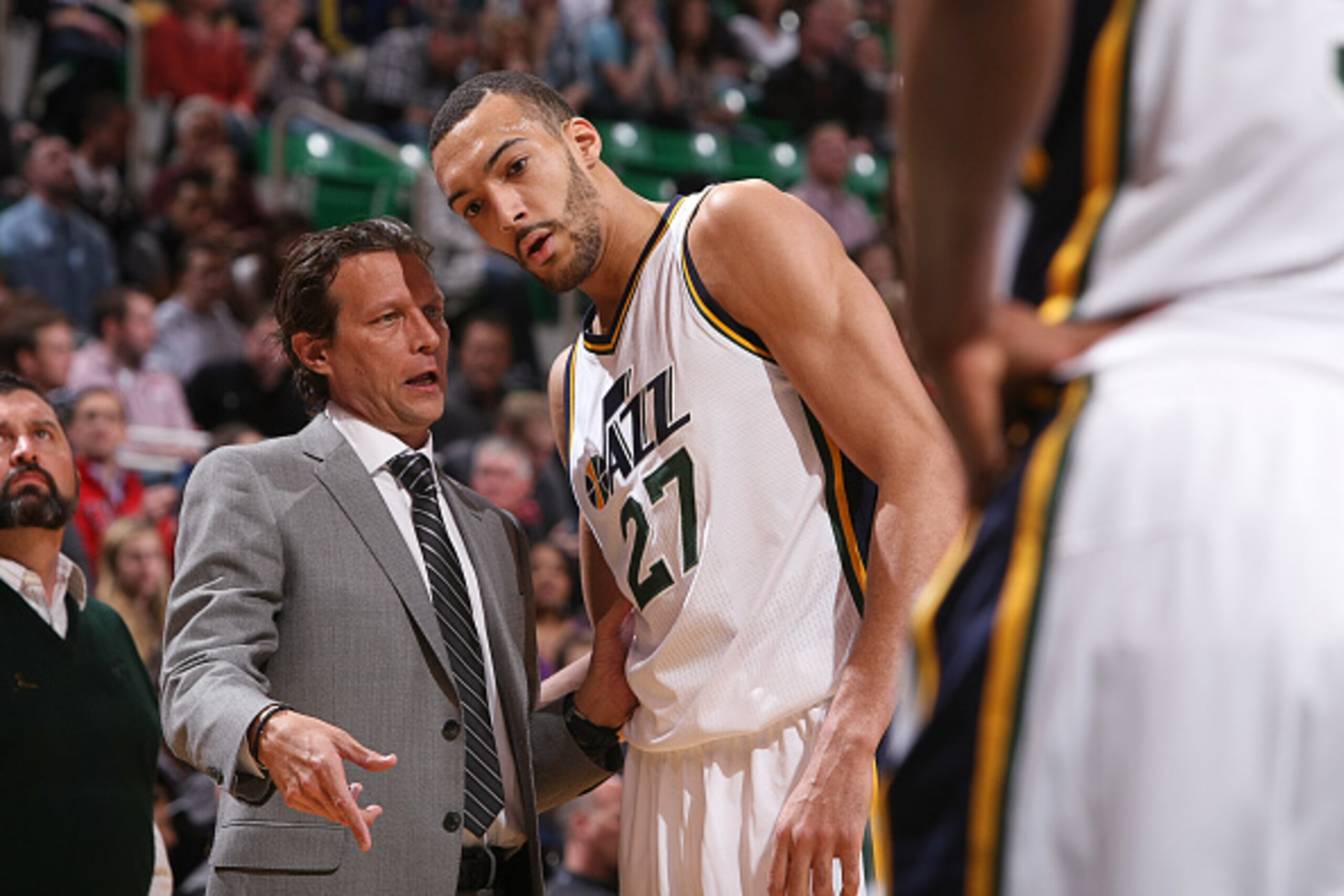 SALT LAKE CITY, UT - MARCH 10: Quin Snyder of the Utah Jazz coaches Rudy Gobert #27 against the Washington Wizards and on March 10, 2016 at vivint.SmartHome Arena in Salt Lake City, Utah. NOTE TO USER: User expressly acknowledges and agrees that, by downl