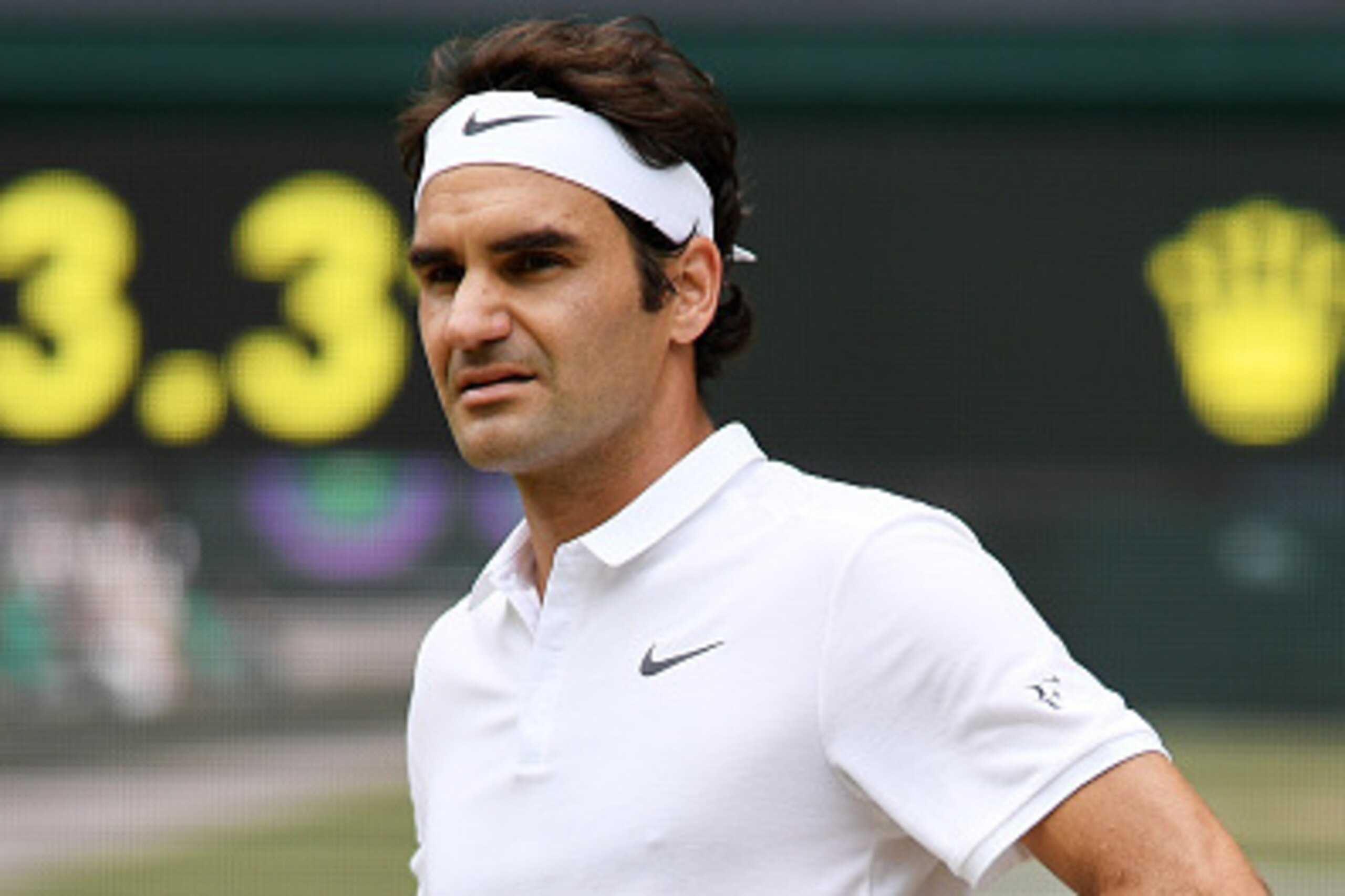 LONDON, ENGLAND - JULY 08:  Roger Federer of Switzerland looks on during the Men's Singles Semi Final match against Milos Raonic of Canada on day eleven of the Wimbledon Lawn Tennis Championships at the All England Lawn Tennis and Croquet Club on July 8, 