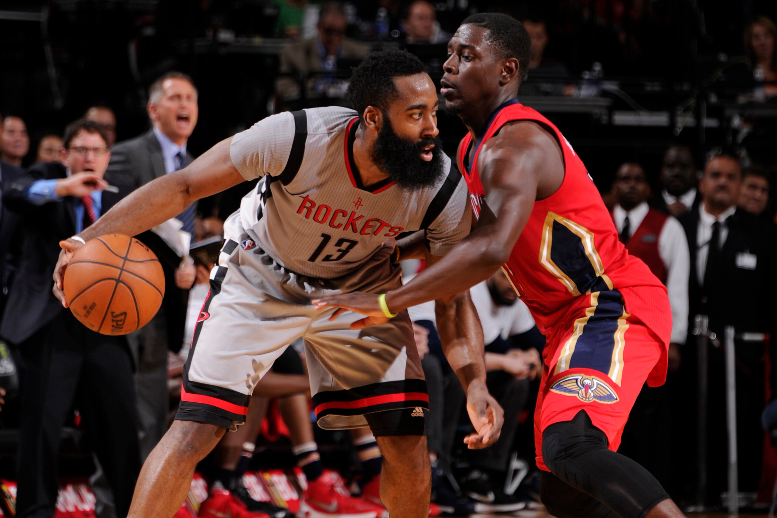 HOUSTON, TX - MARCH 2:  James Harden #13 of the Houston Rockets handles the ball against the New Orleans Pelicans on March 2, 2016 at the Toyota Center in Houston, Texas. NOTE TO USER: User expressly acknowledges and agrees that, by downloading and or usi