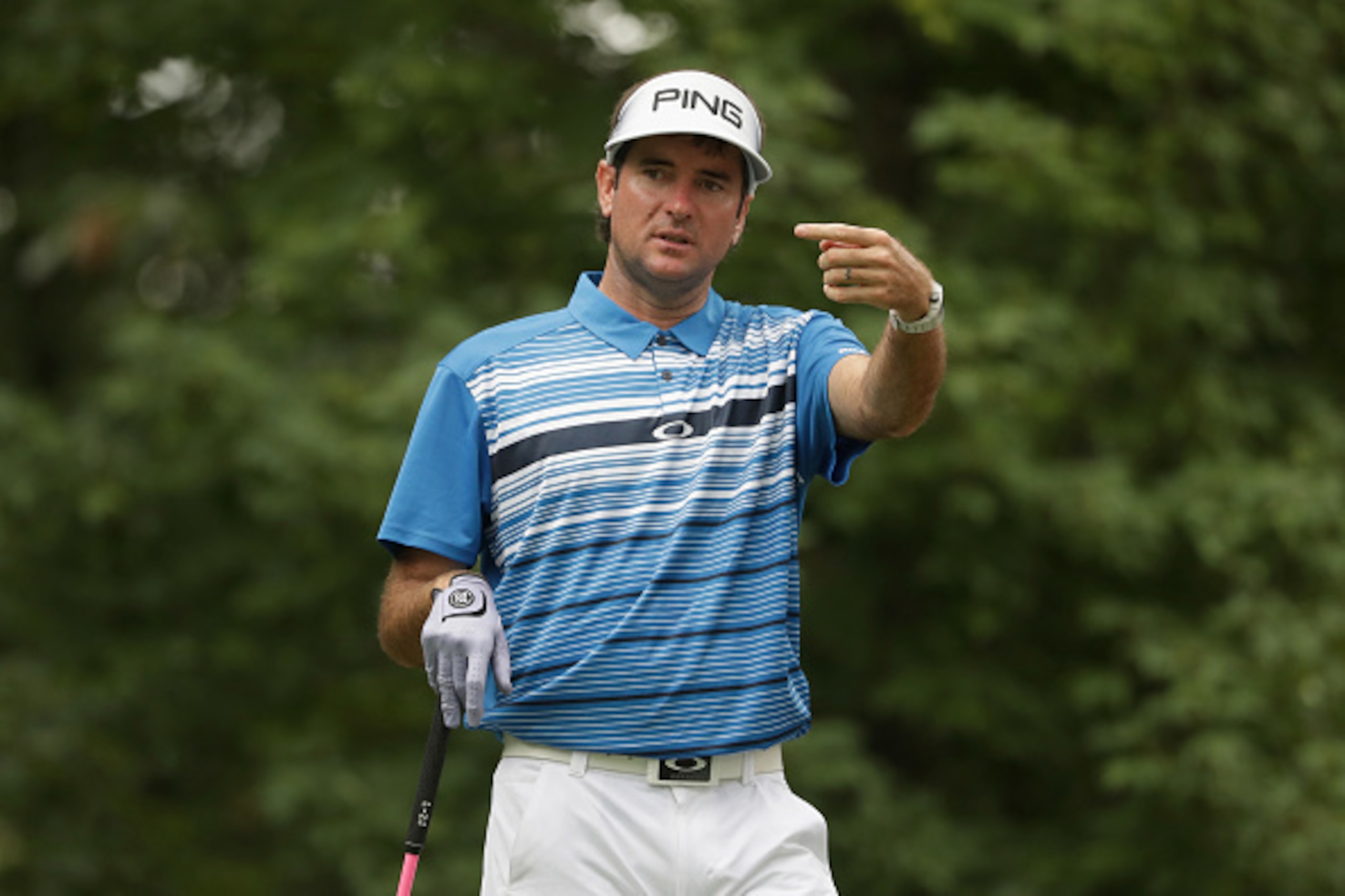 SPRINGFIELD, NJ - JULY 25: Bubba Watson of the United States reacts during a practice round prior to the 2016 PGA Championship at Baltusrol Golf Club on July 25, 2016 in Springfield, New Jersey.  (Photo by Streeter Lecka/Getty Images)
