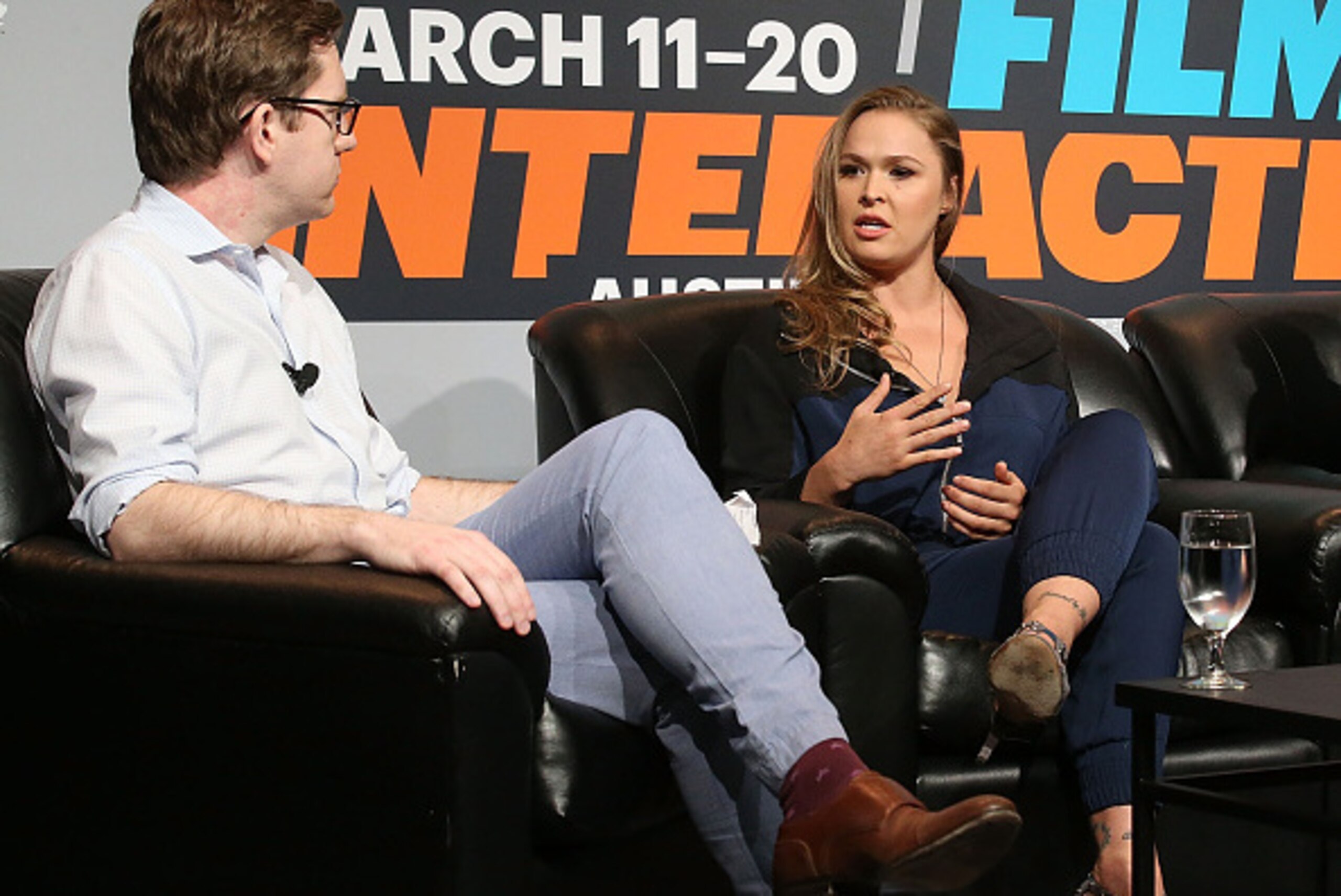 AUSTIN, TX - MARCH 13:  Ronda Rousey (R) speaks to Rory Brown during SXSports at the SXSW Film-Interactive-Music festival at Austin Convention Center on March 13, 2016 in Austin, Texas.  (Photo by Gary Miller/Getty Images)