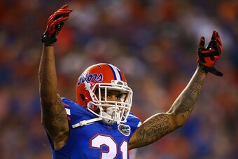 GAINESVILLE, FL - SEPTEMBER 05: Defensive back Jalen Tabor #31 of the Florida Gators signals to the crowd during the game against the New Mexico State Aggies at Ben Hill Griffin Stadium on September 5, 2015 in Gainesville, Florida.  (Photo by Rob Foldy/Ge