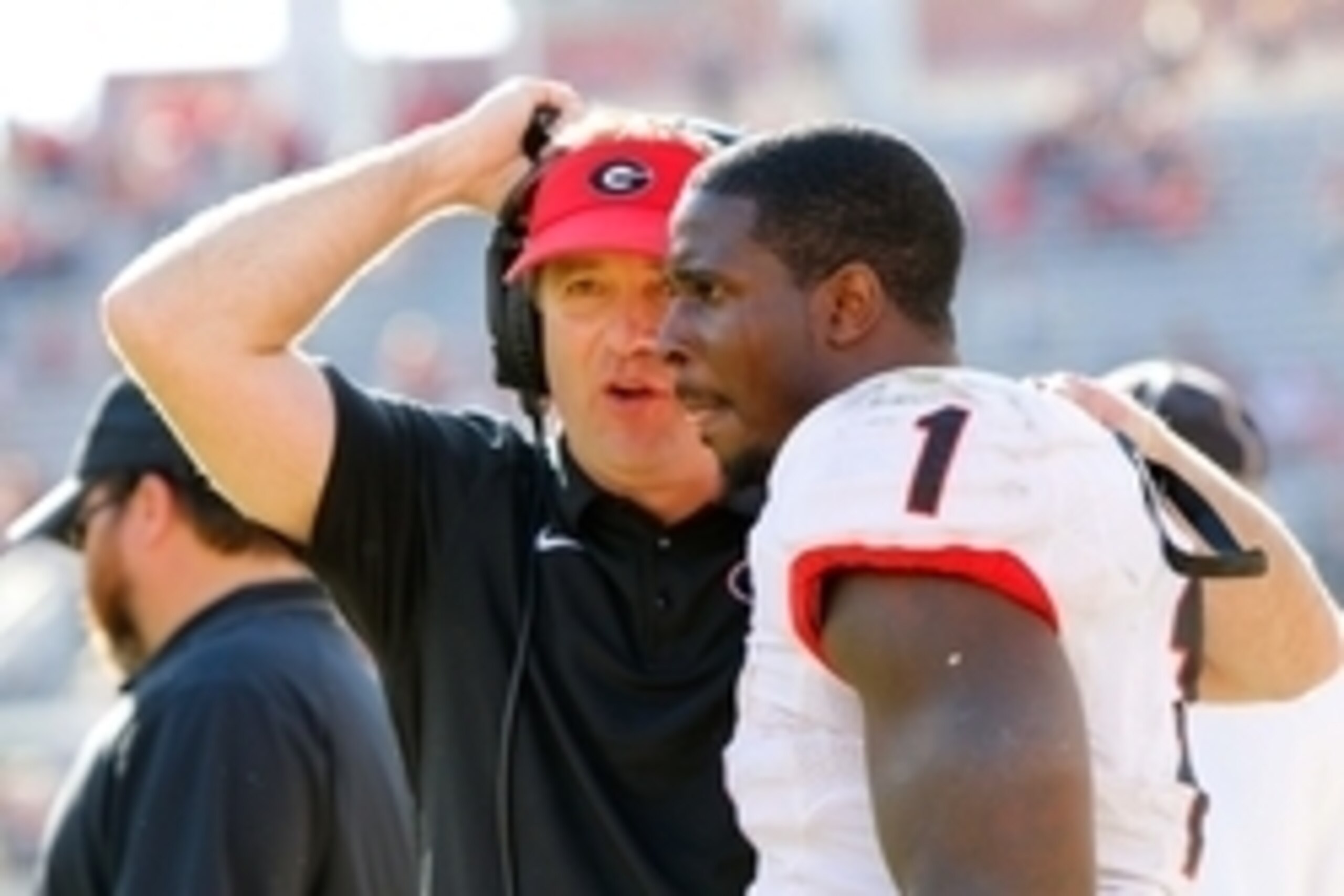 Apr 16, 2016; Athens, GA, USA; Georgia Bulldogs head coach Kirby Smart talks to running back Sony Michel (1) during the second half of the spring game at Sanford Stadium. The Black team defeated the Red team 34-14. Mandatory Credit: Brett Davis-USA TODAY 