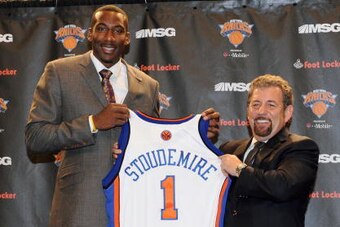 NEW YORK, NY - JULY 08: Amar'e Stoudemire #1 of the New York Knicks poses with Madison Square Garden Chairman James Dolan for a photo on July 8, 2010 at Madison Square Garden in New York City.  NOTE TO USER: User expressly acknowledges and agrees that, by