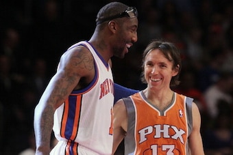 NEW YORK, NY - JANUARY 18:  (NEW YORK DAILIES OUT) Amar'e Stoudemire #1 of the New York Knicks and Steve Nash #13 of the Phoenix Suns before their game on January 18, 2012 at Madison Square Garden in New York City. The Suns defeated the Knicks 91-88. NOTE
