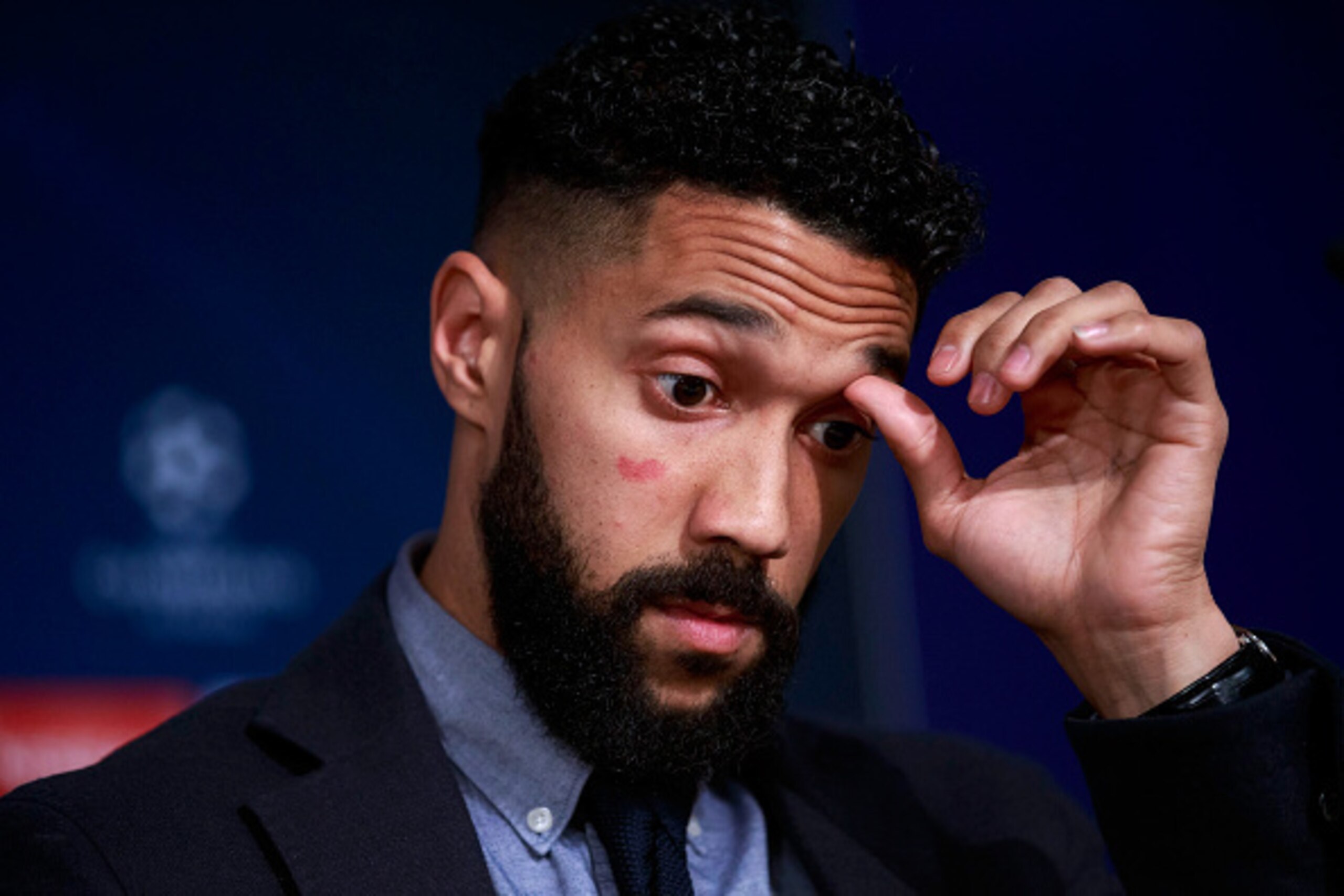MADRID, SPAIN - MAY 3: Gael Clichy of Manchester City faces the media during a press conference ahead of the UEFA Champions League Semi Final second leg match between Real Madrid and Manchester City FC at Estadio Santiago Bernabeu on May 3, 2016 in Madrid