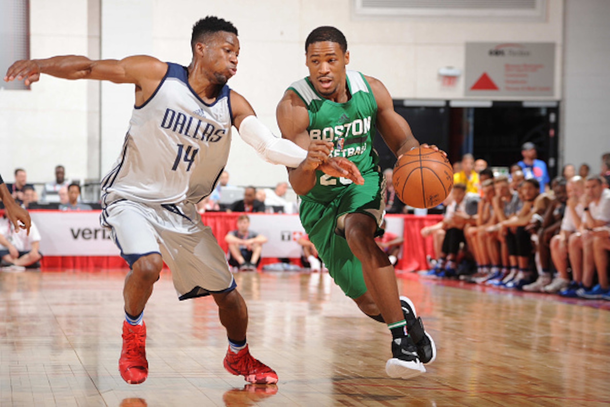 LAS VEGAS, NV - JULY 12: Demetrius Jackson #26 of the Boston Celtics handles the ball against Jonathan Gibson #14 of the Dallas Mavericks during the 2016 NBA Las Vegas Summer League game on July 12, 2016 at the Cox Pavillion in Las Vegas, Nevada. NOTE TO LAS VEGAS, NV - JULY 12: Demetrius Jackson #26 of the Boston Celtics handles the ball against Jonathan Gibson #14 of the Dallas Mavericks during the 2016 NBA Las Vegas Summer League game on July 12, 2016 at the Cox Pavillion in Las Vegas, Nevada. NOTE TO