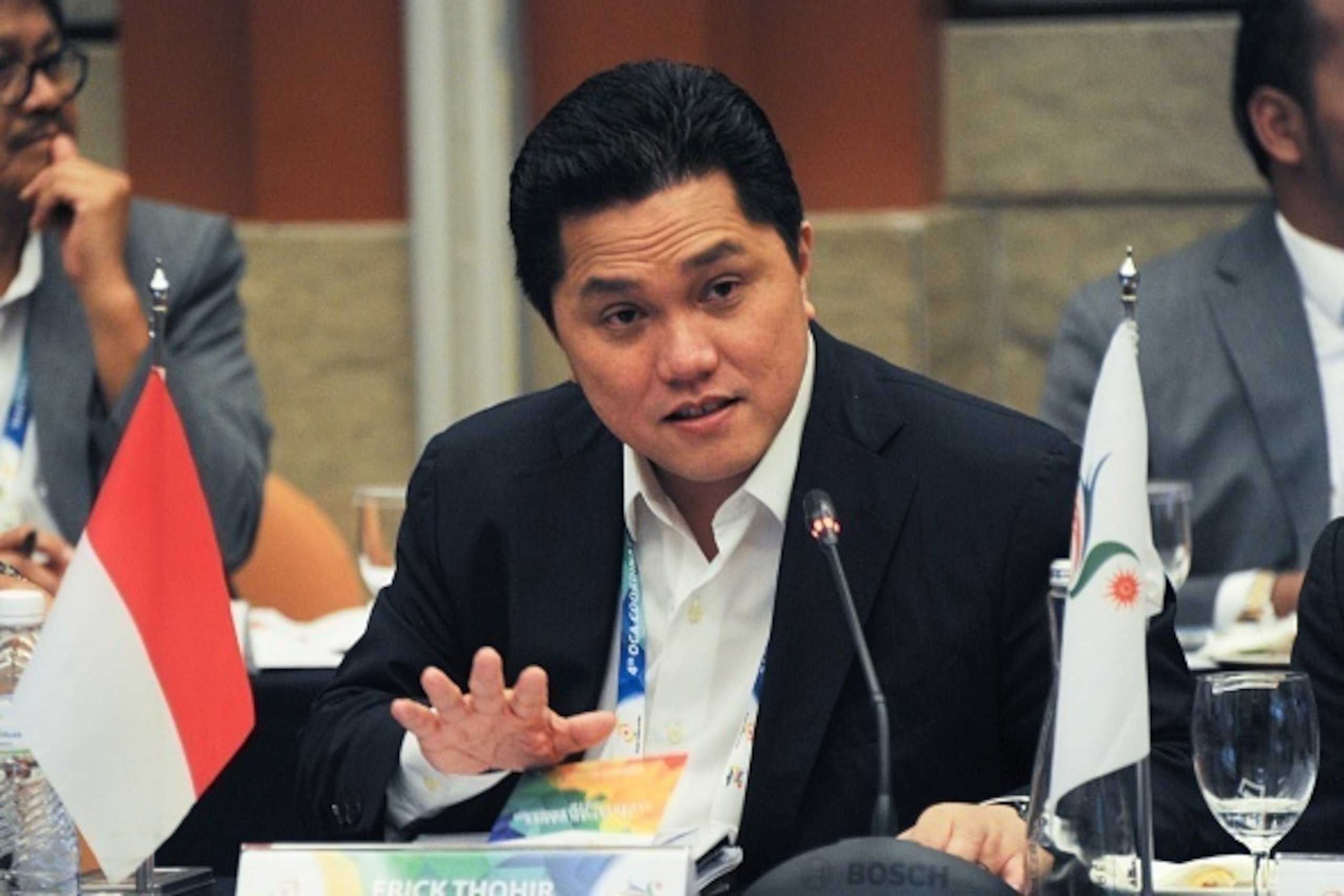 Chairman of INASGOC (Indonesia Asian Games Organizing Committee) Erick Thohir speaks during the 4th OCA (Olympic Council of Asia) Coordination Committee Meeting at Pecatu Graha, south of Kuta on Indonesia's resort island of Bali on May 11, 2016.      
The