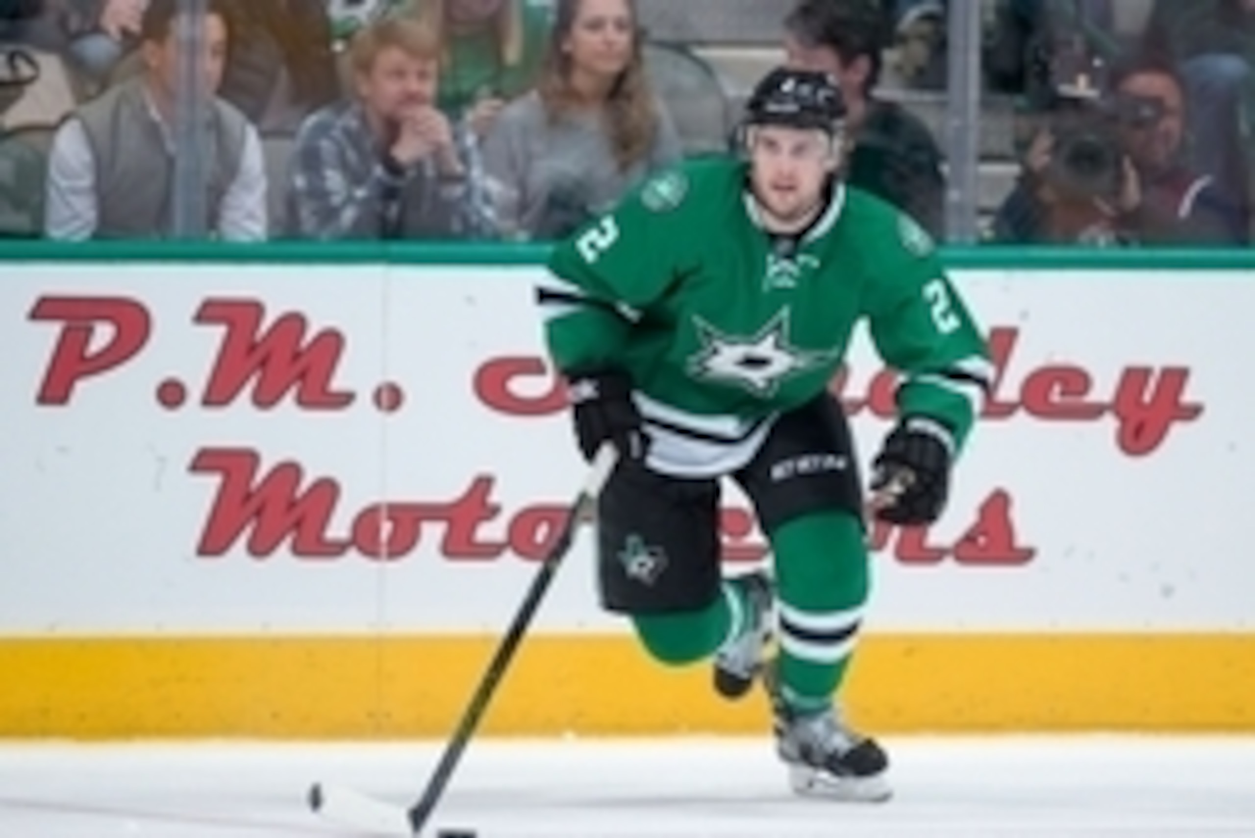 Mar 11, 2016; Dallas, TX, USA; Dallas Stars defenseman Kris Russell (2) skates against the Chicago Blackhawks during the game t the American Airlines Center. The Stars defeat the Blackhawks 5-2. Mandatory Credit: Jerome Miron-USA TODAY Sports