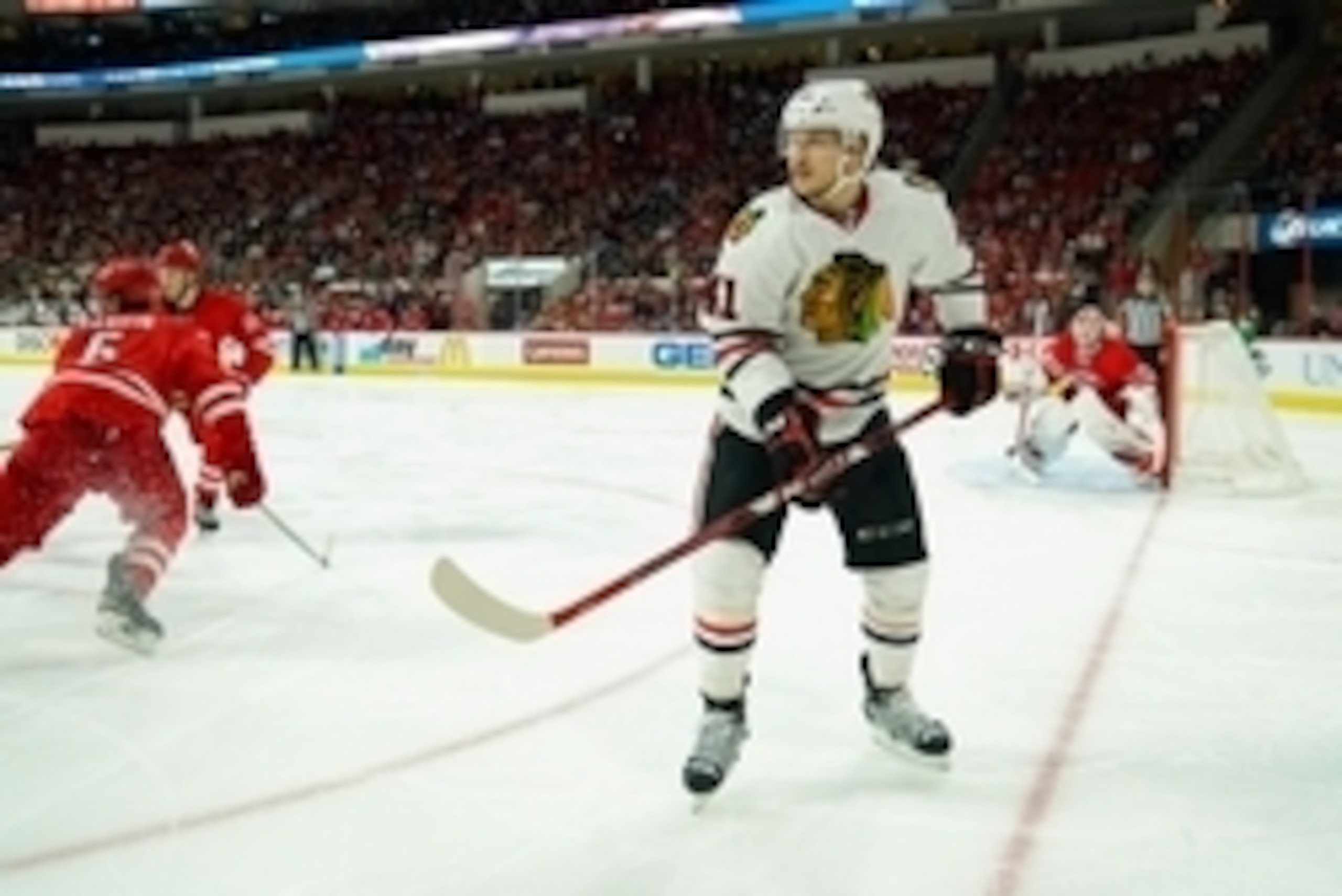 Jan 26, 2016; Raleigh, NC, USA;  Chicago Blackhawks forward Mark McNeill (41) watches the play against the Carolina Hurricanes at PNC Arena. The Carolina Hurricanes defeated the Chicago Blackhawks 5-0. Mandatory Credit: James Guillory-USA TODAY Sports