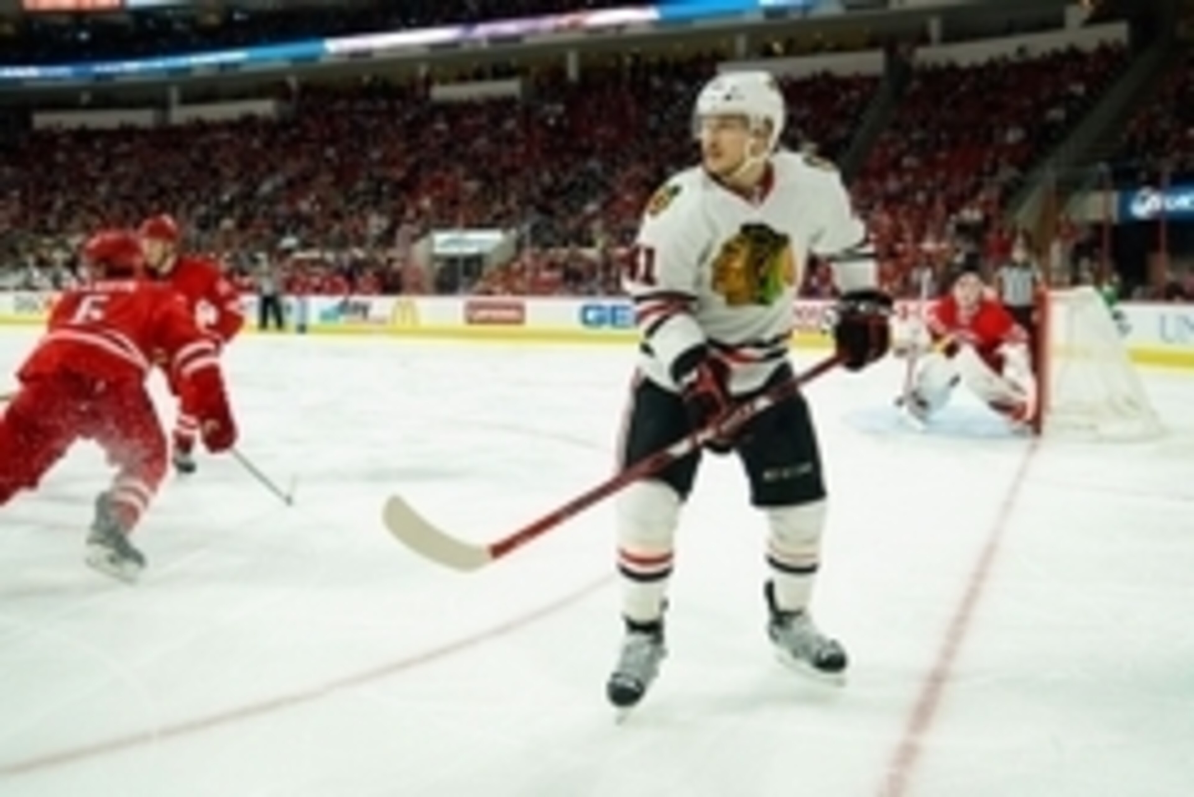 Jan 26, 2016; Raleigh, NC, USA;  Chicago Blackhawks forward Mark McNeill (41) watches the play against the Carolina Hurricanes at PNC Arena. The Carolina Hurricanes defeated the Chicago Blackhawks 5-0. Mandatory Credit: James Guillory-USA TODAY Sports