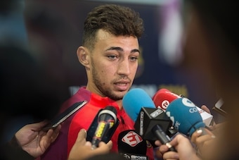 Barcelona's Spanish forward Munir El Haddadi relaxes speaks during an interview following a team training session at St George's Park near Burton-on-Trent, central England, on July 26, 2016.
Barcelona are taking part in a five-day training camp at the Eng