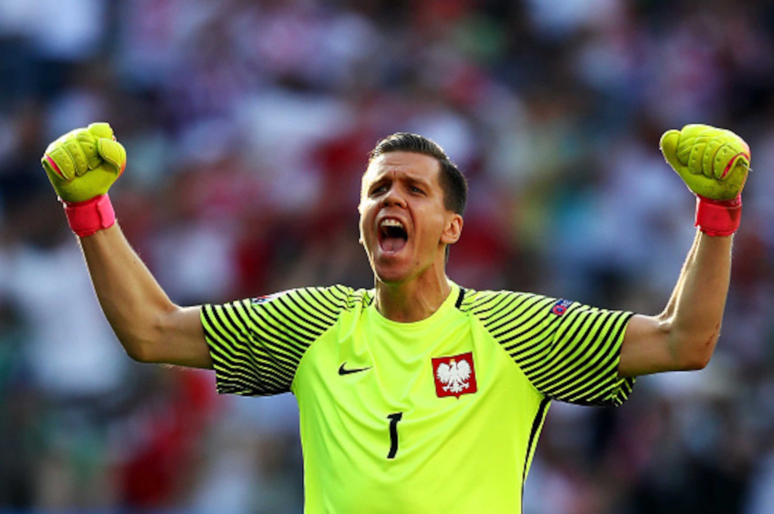 NICE, FRANCE - JUNE 12:  Wojciech Szczesny of Poland celebrates his team's first goal during the UEFA EURO 2016 Group C match between Poland and Northern Ireland at Allianz Riviera Stadium on June 12, 2016 in Nice, France.  (Photo by Lars Baron/Getty Imag