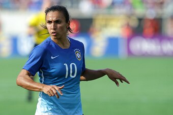 ORLANDO, FL - OCTOBER 25: Marta #10 of Brazil dribbles the ball during a women's international friendly soccer match between Brazil and the United States at the Orlando Citrus Bowl on October 25, 2015 in Orlando, Florida. (Photo by Alex Menendez/Getty Ima