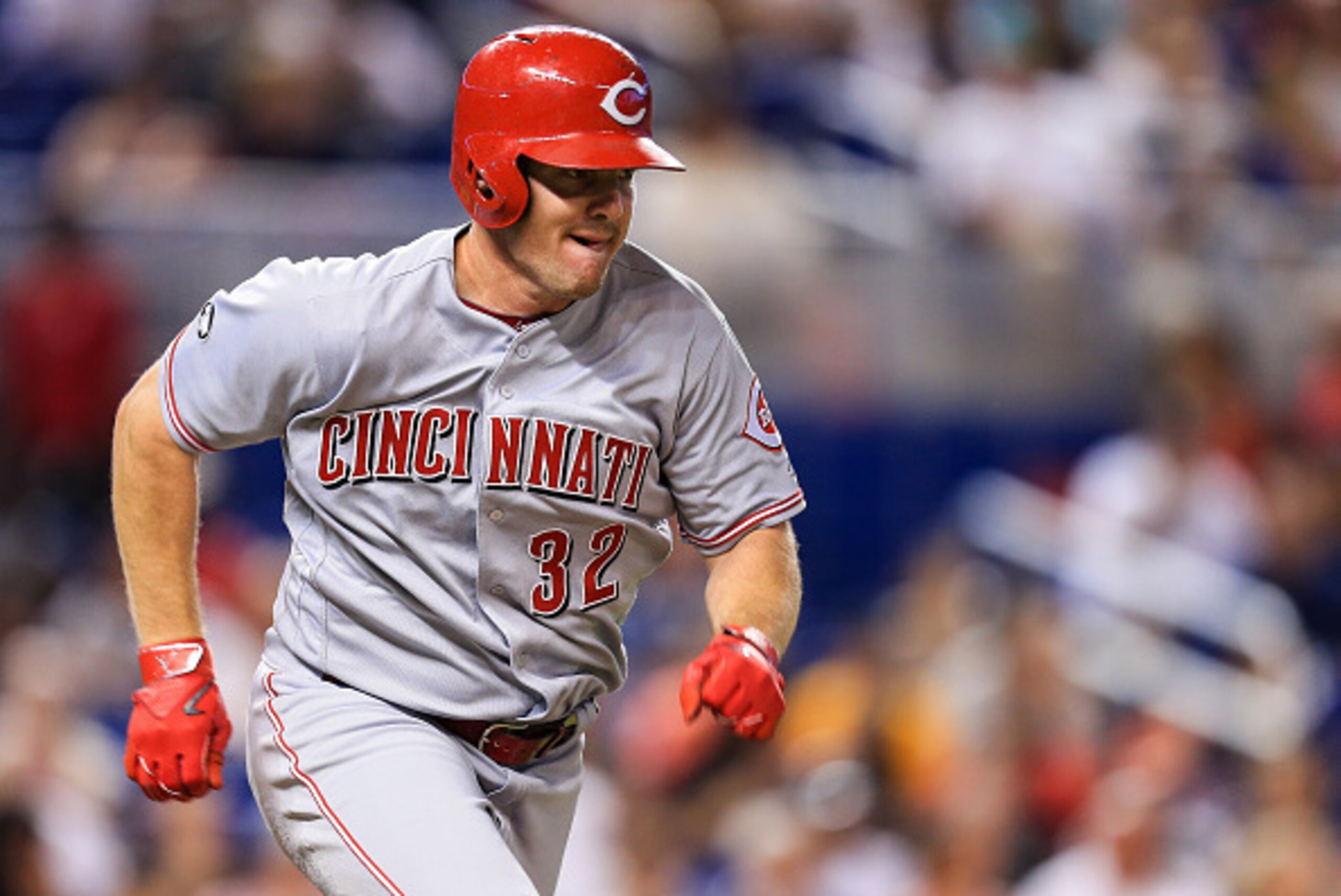 MIAMI, FL - JULY 08: Jay Bruce #32 of the Cincinnati Reds in action during the game against the Miami Marlins at Marlins Park on July 8, 2016 in Miami, Florida. (Photo by Rob Foldy/Getty Images)