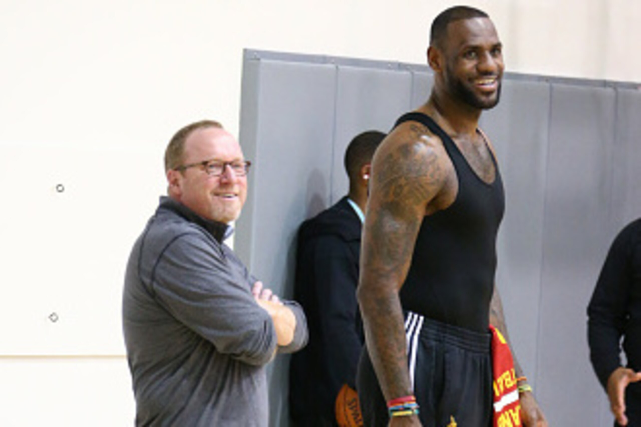 OAKLAND, CA - JUNE 12: General Manager David Griffin chats with LeBron James #23 of the Cleveland Cavaliers during practice and media availability as part of the 2016 NBA Finals on June 12, 2016 at Oakland Convention Center  in Oakland, California. NOTE T