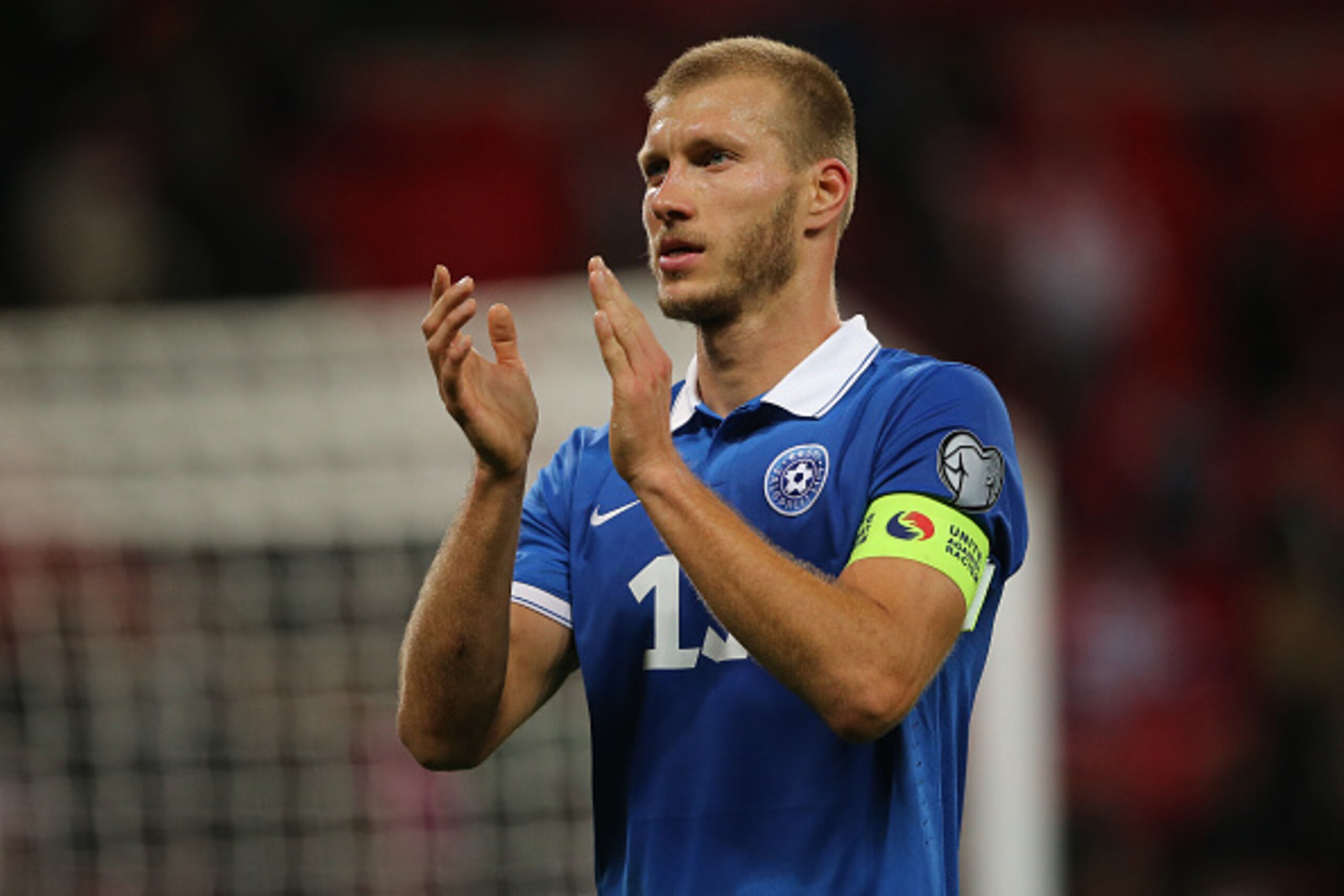LONDON, ENGLAND - OCTOBER 09 :  Ragnar Klavan of Estonia applauds the traveling fans after the UEFA Euro 2016 Qualifier match between England and Estonia at Wembley Stadium on October 9, 2015 in London, England.  (Photo by Matthew Ashton - AMA/Getty Image