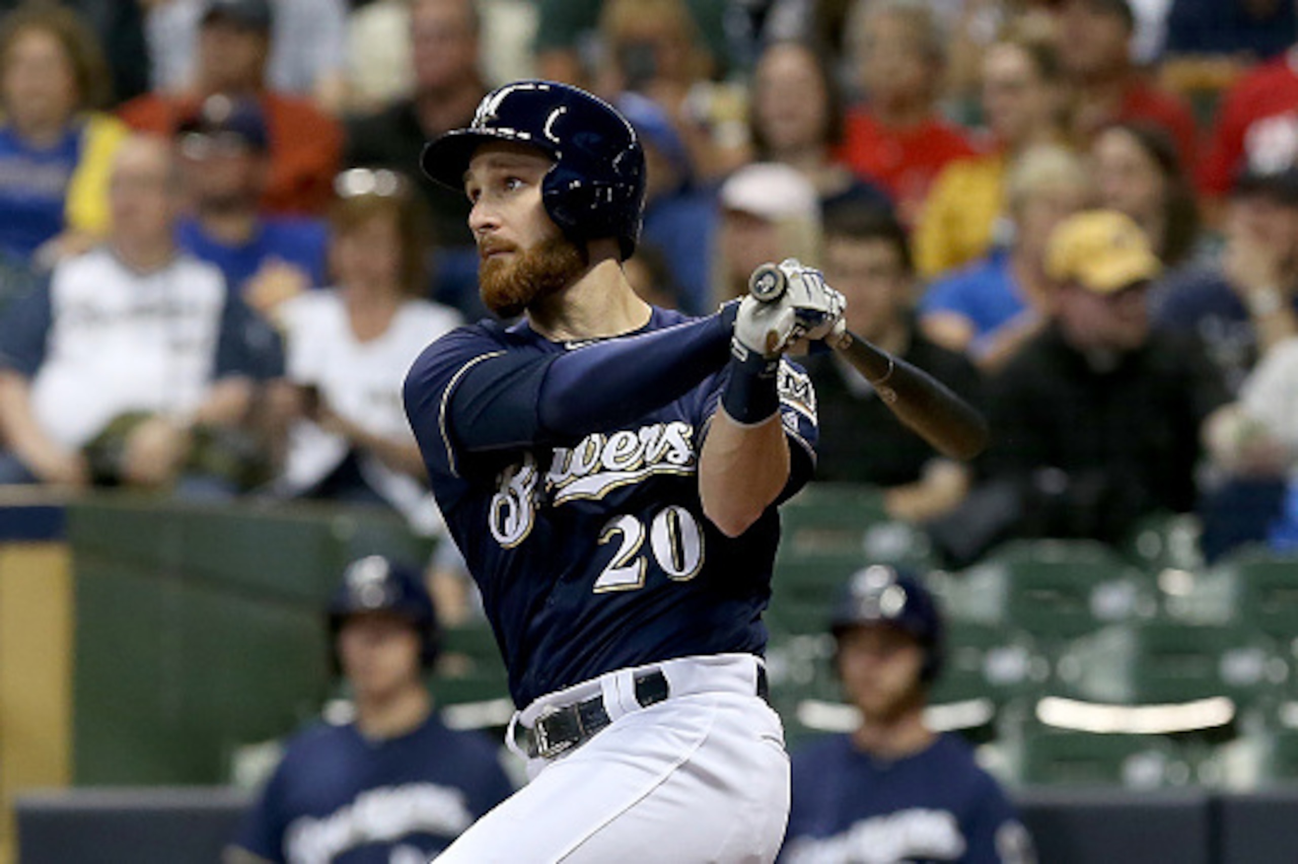 MILWAUKEE, WI - MAY 31:  Jonathan Lucroy #20 of the Milwaukee Brewers hits a home run in the second inning against the St. Louis Cardinals at Miller Park on May 31, 2016 in Milwaukee, Wisconsin. (Photo by Dylan Buell/Getty Images)