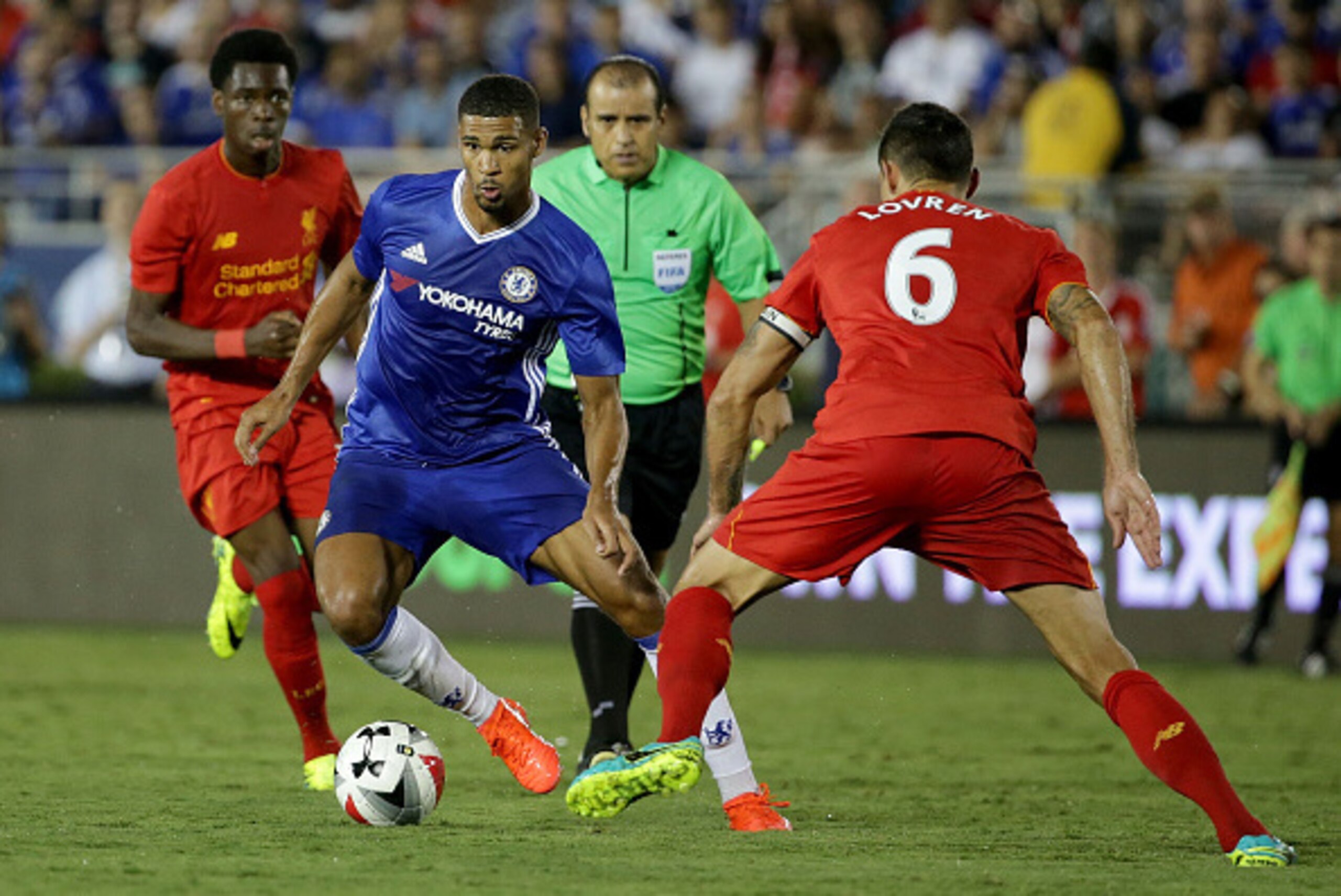 PASADENA, CA - JULY 27:  Ruben Loftus-Cheek #36 of Chelsea is pursued by Dejan Lovren #6 of Liverpool in the second half during the 2016 International Champions Cup at Rose Bowl on July 27, 2016 in Pasadena, California. Chelsea defeated Liverpool 1-0.  (P