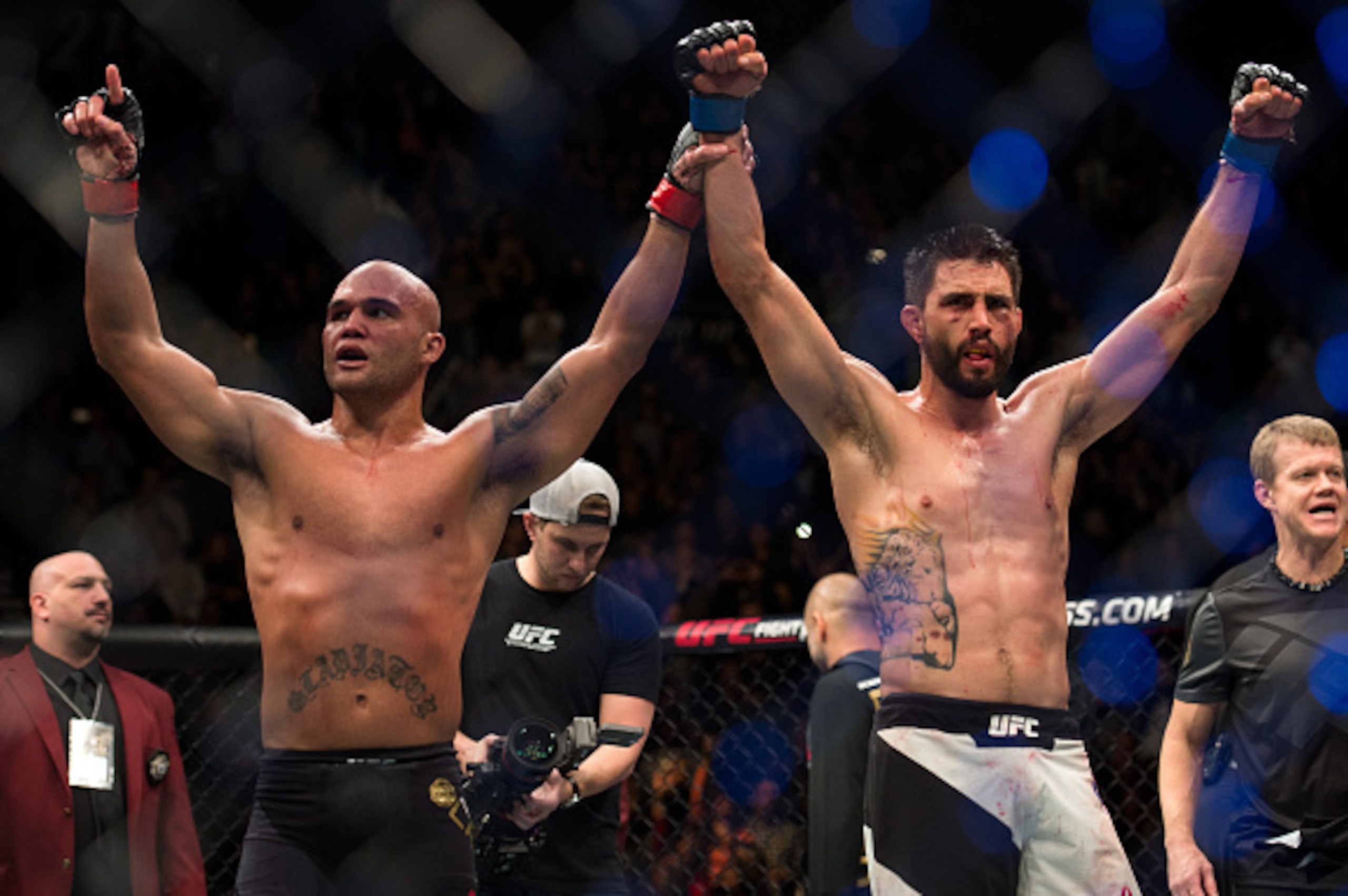 LAS VEGAS, NV - JANUARY 02: (L-R) Robbie Lawler and Carlos Condit raise each others hands after their welterweight championship fight during the UFC 195 event inside MGM Grand Garden Arena on January 2, 2016 in Las Vegas, Nevada. (Photo by Brandon Magnu LAS VEGAS, NV - JANUARY 02: (L-R) Robbie Lawler and Carlos Condit raise each others hands after their welterweight championship fight during the UFC 195 event inside MGM Grand Garden Arena on January 2, 2016 in Las Vegas, Nevada. (Photo by Brandon Magnu