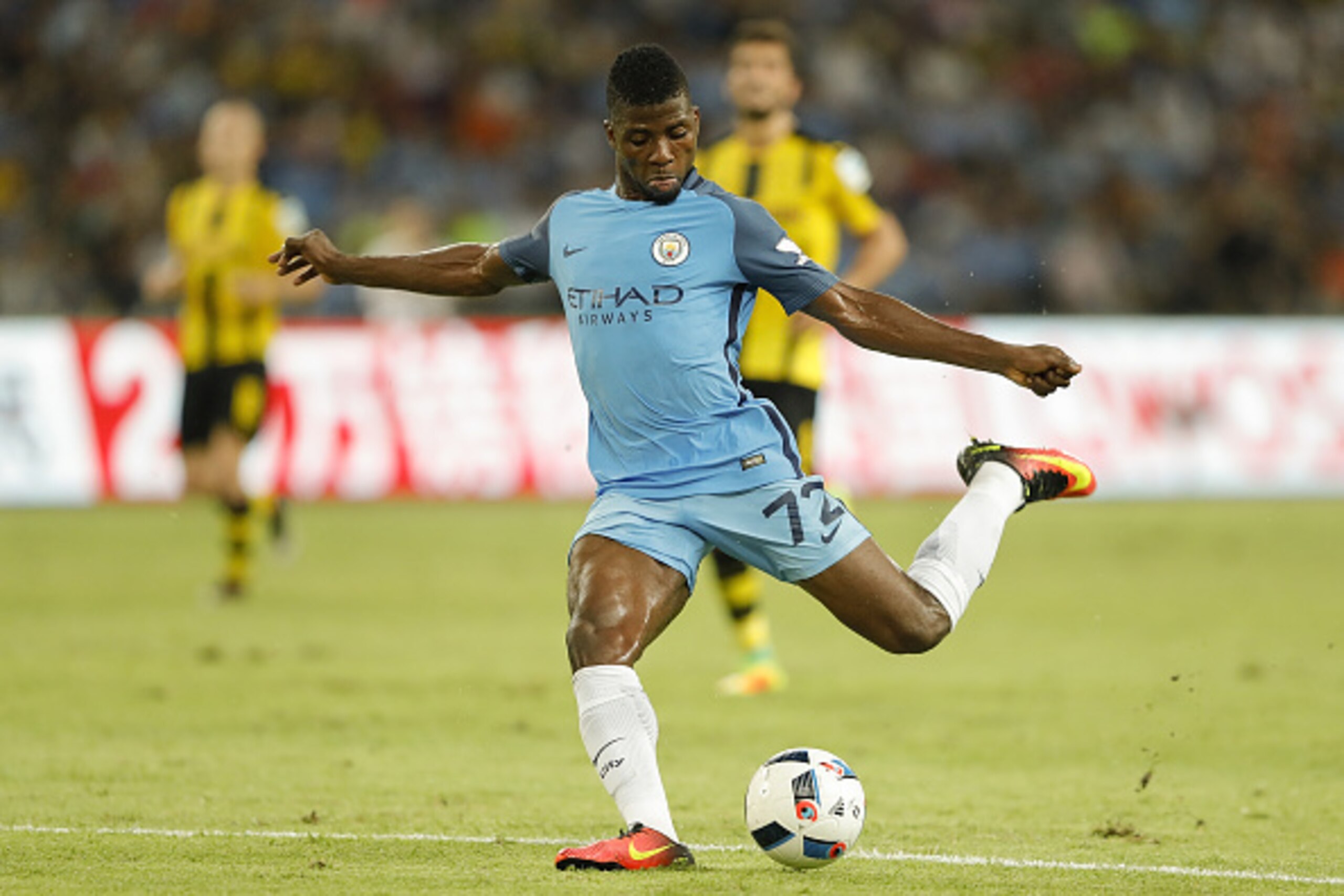 SHENZHEN, CHINA - JULY 28:  Kelechi Iheanacho of Manchester City contests the ball during the 2016 International Champions Cup match between Manchester City and Borussia Dortmund at Shenzhen Universiade Stadium on July 28, 2016 in Shenzhen, China.  (Photo