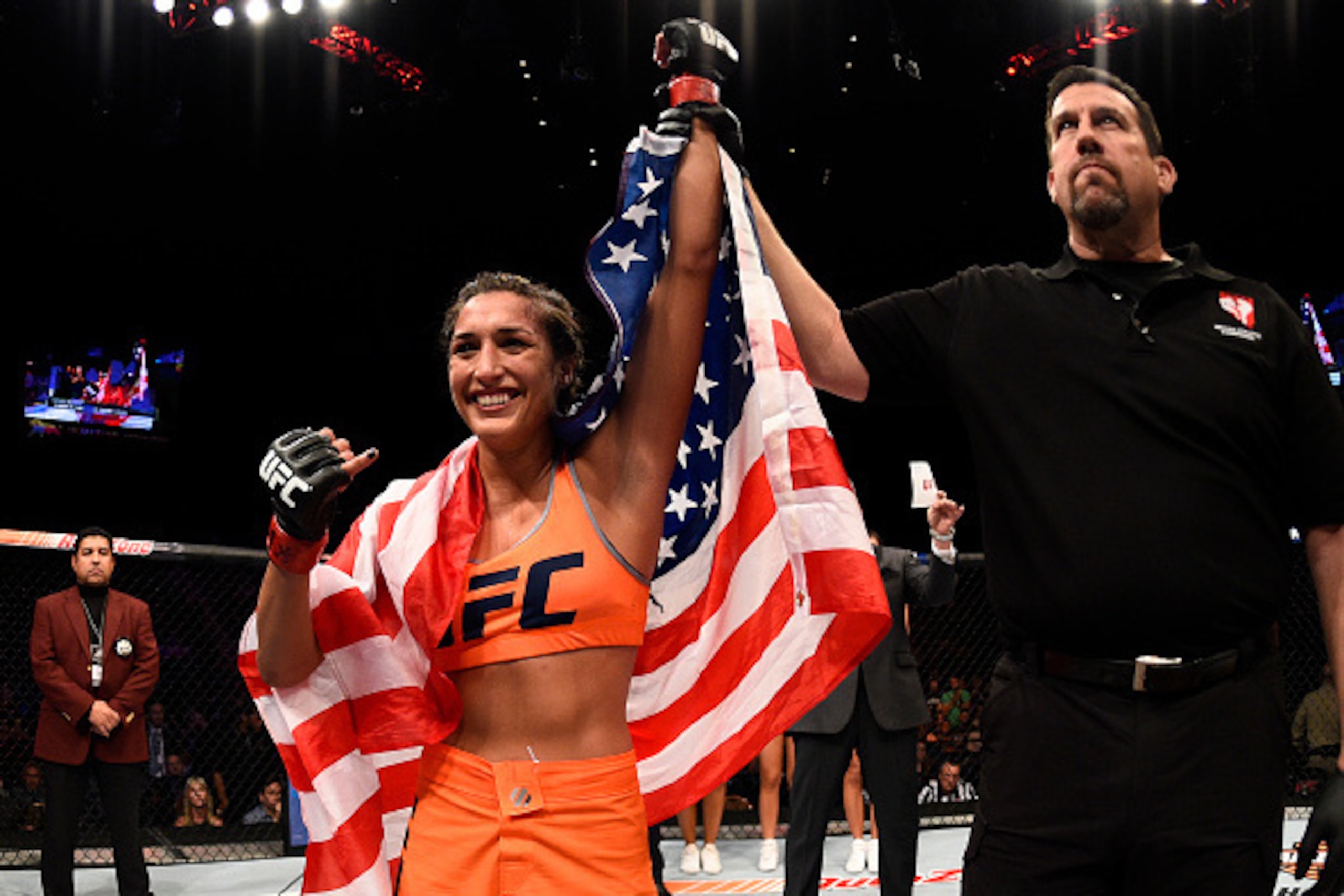 LAS VEGAS, NV - JULY 08:  Tatiana Suarez celebrates after her submission victory over Amanda Cooper in their women's strawweight bout during The Ultimate Fighter Finale event at MGM Grand Garden Arena on July 8, 2016 in Las Vegas, Nevada.  (Photo by Jeff 