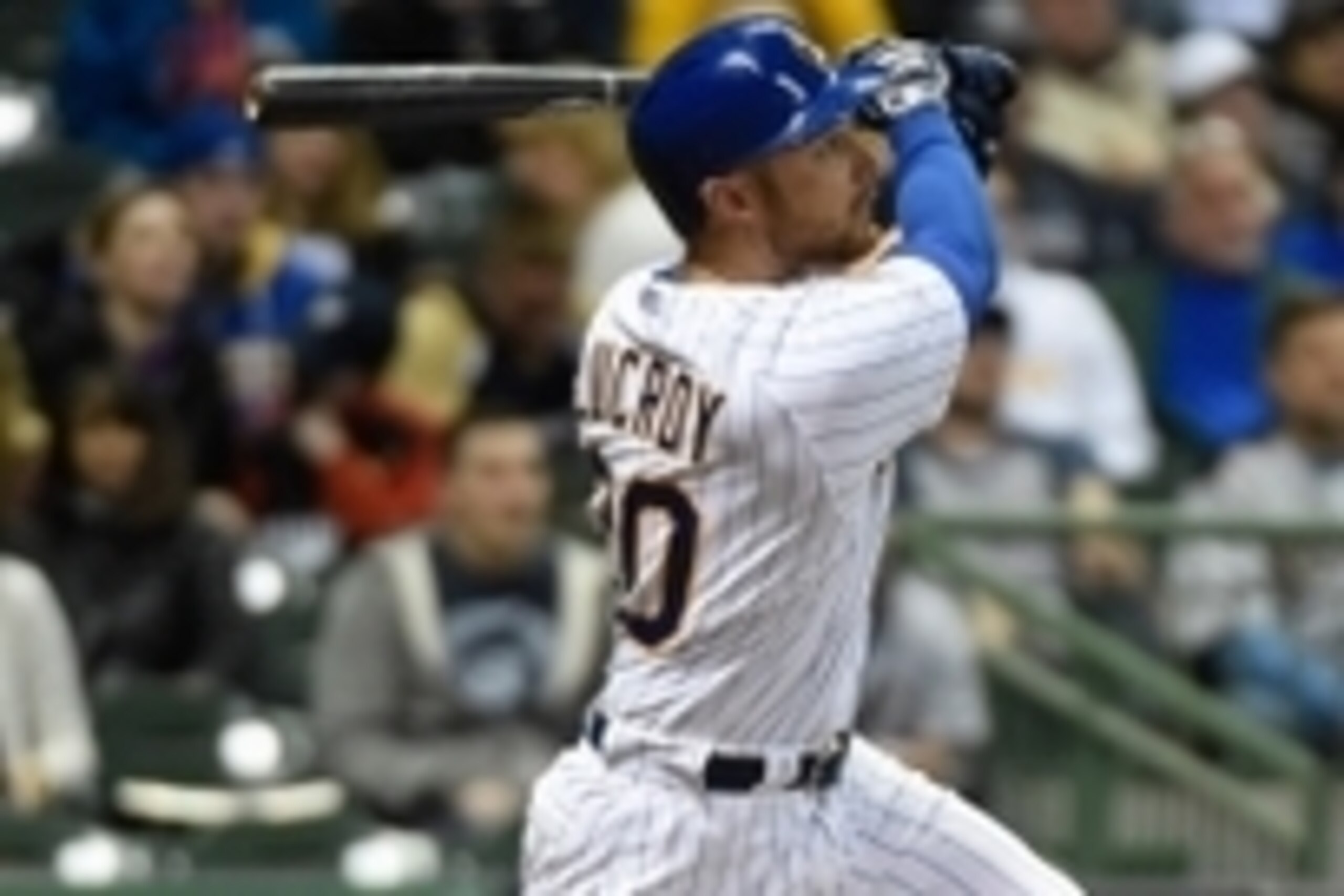 Apr 10, 2015; Milwaukee, WI, USA; Milwaukee Brewers catcher Jonathan Lucroy (20) hits a triple in the seventh inning during the game against the Pittsburgh Pirates at Miller Park. Mandatory Credit: Benny Sieu-USA TODAY Sports Apr 10, 2015; Milwaukee, WI, USA; Milwaukee Brewers catcher Jonathan Lucroy (20) hits a triple in the seventh inning during the game against the Pittsburgh Pirates at Miller Park. Mandatory Credit: Benny Sieu-USA TODAY Sports