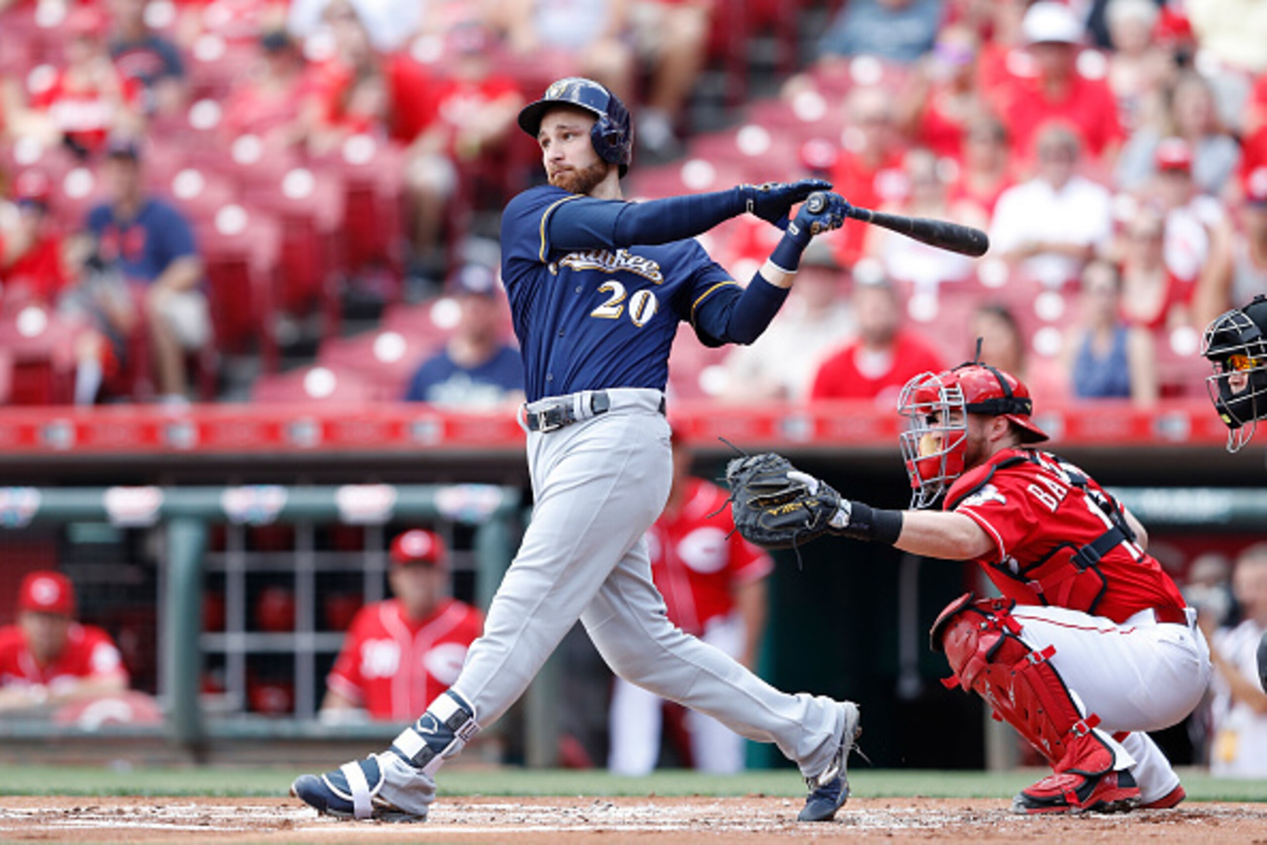 CINCINNATI, OH - JULY 17: Jonathan Lucroy #20 of the Milwaukee Brewers bats during the game against the Cincinnati Reds at Great American Ball Park on July 17, 2016 in Cincinnati, Ohio. The Reds defeated the Brewers 1-0. (Photo by Joe Robbins/Getty Images
