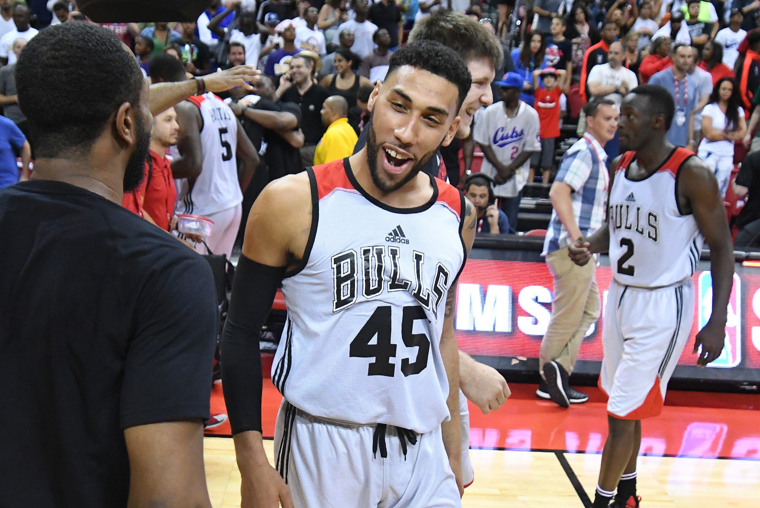 Jul 18, 2016; Las Vegas, NV, USA; Chicago Bulls guard Denzel Valentine (45) celebrates after scoring the game winning basket over the Minnesota Timberwolves in overtime to give the Chicago Bulls the NBA Summer League title at Thomas & Mack Center. Chicago Jul 18, 2016; Las Vegas, NV, USA; Chicago Bulls guard Denzel Valentine (45) celebrates after scoring the game winning basket over the Minnesota Timberwolves in overtime to give the Chicago Bulls the NBA Summer League title at Thomas & Mack Center. Chicago