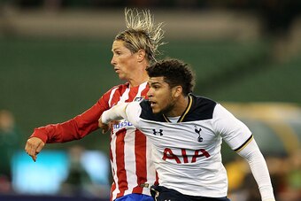 MELBOURNE, AUSTRALIA - JULY 29:  Fernando Torres of Atletico Madrid (L) and DeAndre Yedlin of Tottenham compete for the ball during 2016 International Champions Cup Australia match between Tottenham Hotspur and Atletico de Madrid at Melbourne Cricket Grou