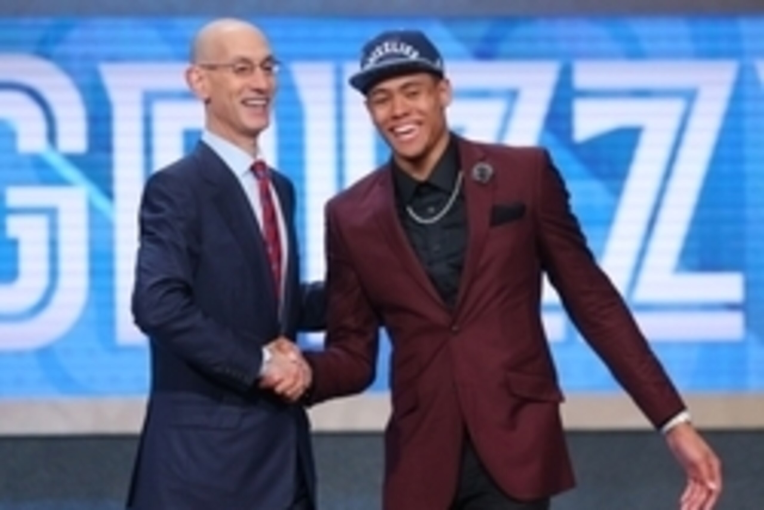 Jun 23, 2016; New York, NY, USA; Wade Baldwin IV (Vanderbilt) greets NBA commissioner Adam Silver after being selected as the number seventeen overall pick to the Memphis Grizzlies in the first round of the 2016 NBA Draft at Barclays Center. Mandatory Cre