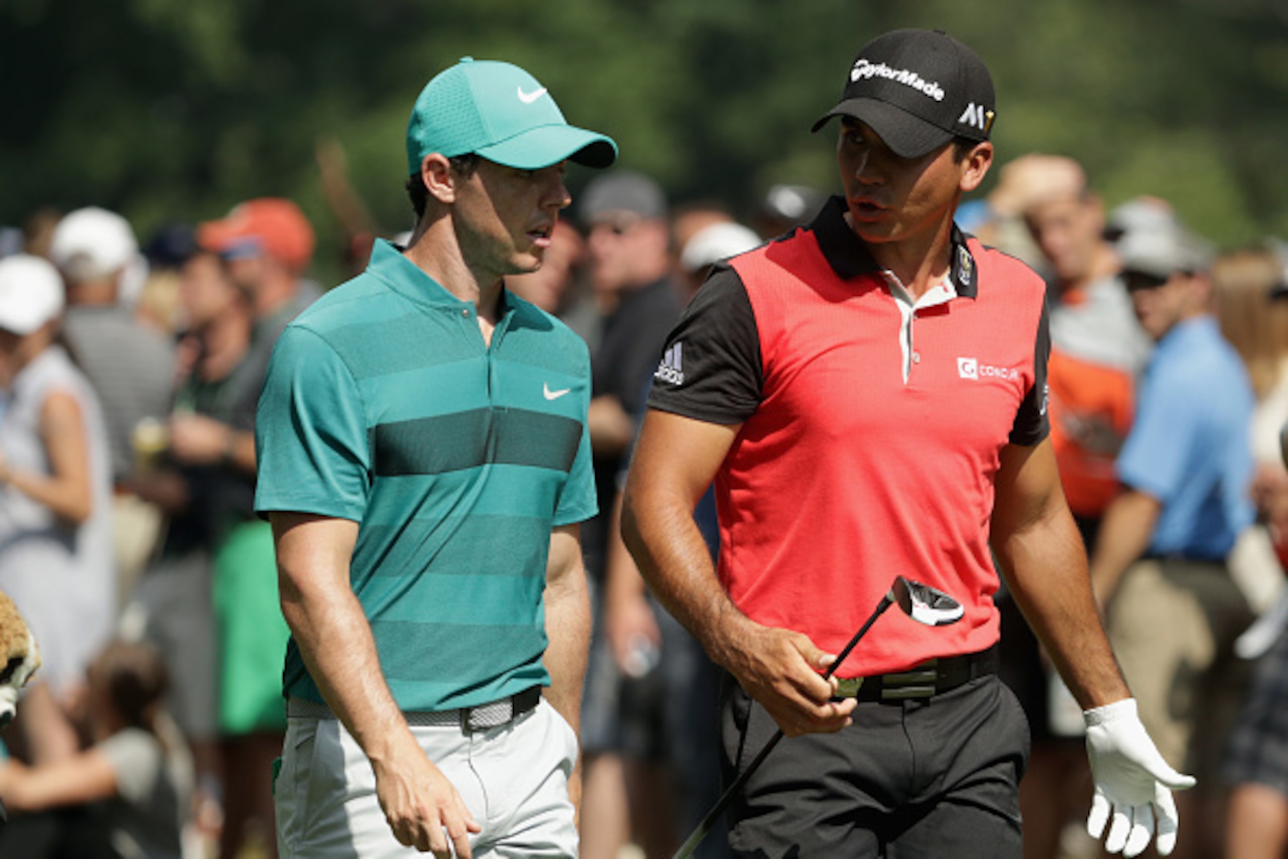 SPRINGFIELD, NJ - JULY 29:  (L-R) Rory McIlroy of Northern Ireland and Jason Day of Australia walk off the fifth tee during the second round of the 2016 PGA Championship at Baltusrol Golf Club on July 29, 2016 in Springfield, New Jersey.  (Photo by Street