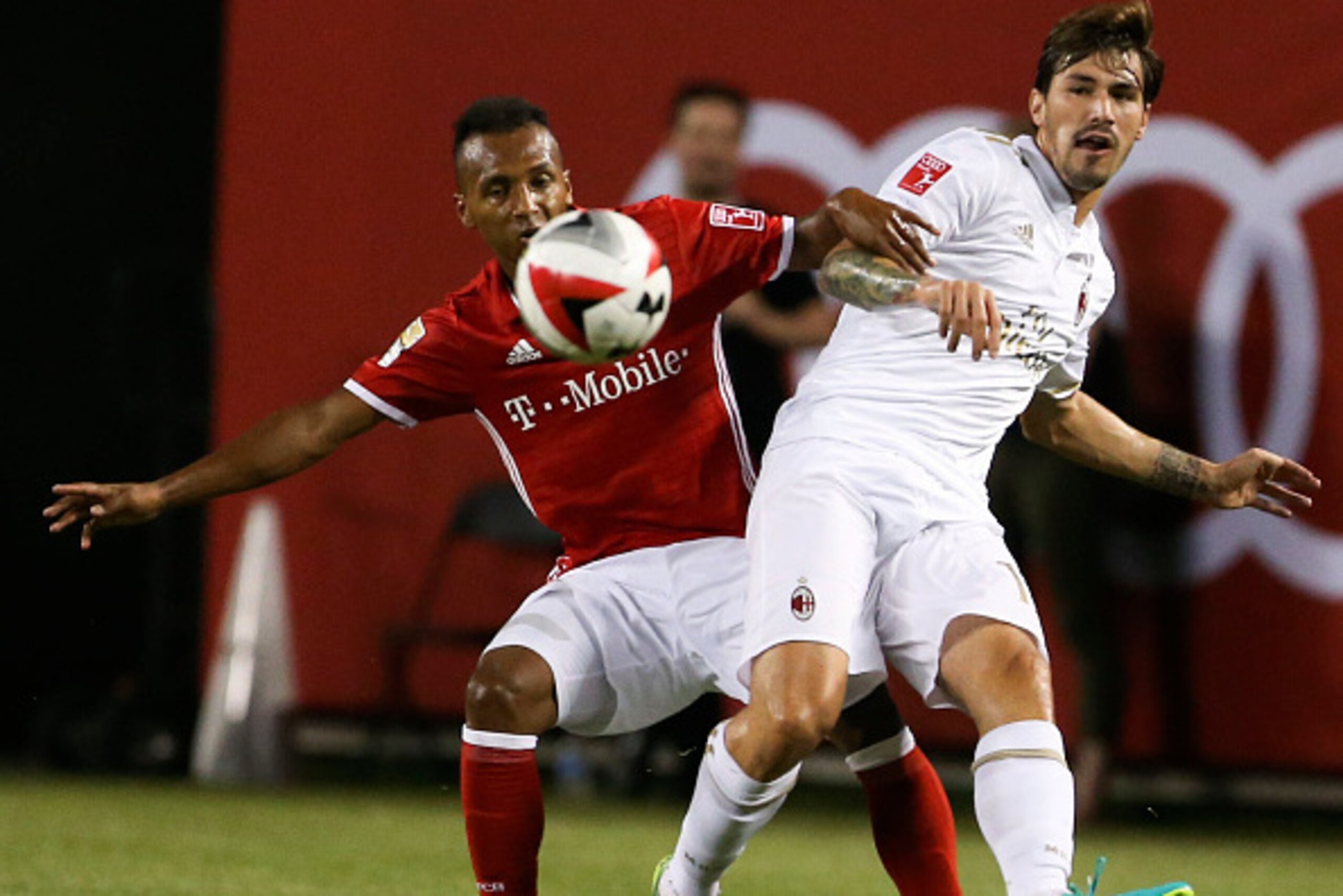 Julian Green #37 of FC Bayern Munich fights for the ball with Romagnoli Alessio #13 of FC Bayern Munich at the International Champions Cup on July 27, 2016 at Solider Field Stadium in Chicago, Illinois.  / AFP / Tasos Katopodis        (Photo credit should