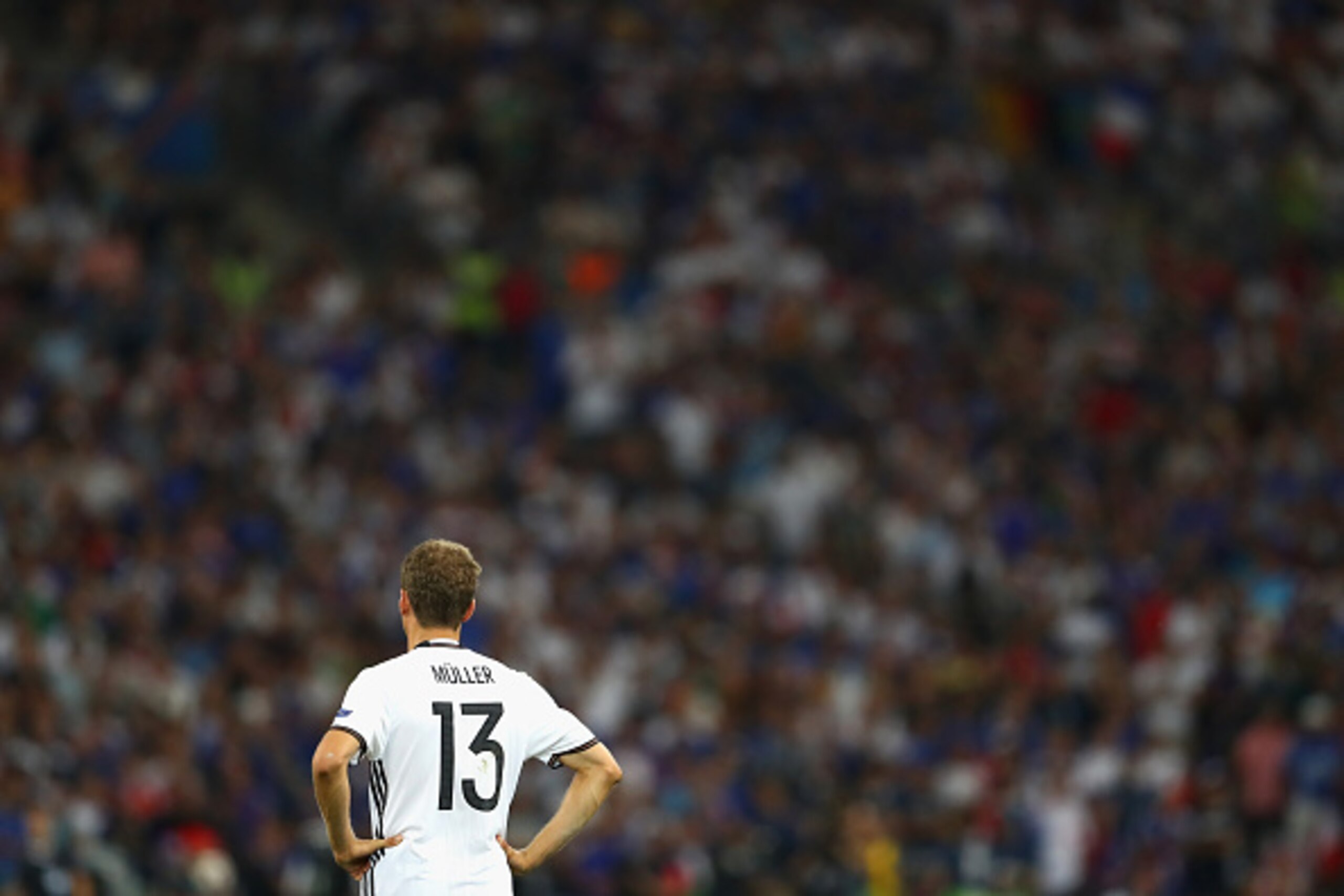 MARSEILLE, FRANCE - JULY 07:  Thomas Mueller  of Germany looks on  during the UEFA EURO semi final match between Germany and France at Stade Velodrome on July 7, 2016 in Marseille, France.  (Photo by Alexander Hassenstein/Getty Images)