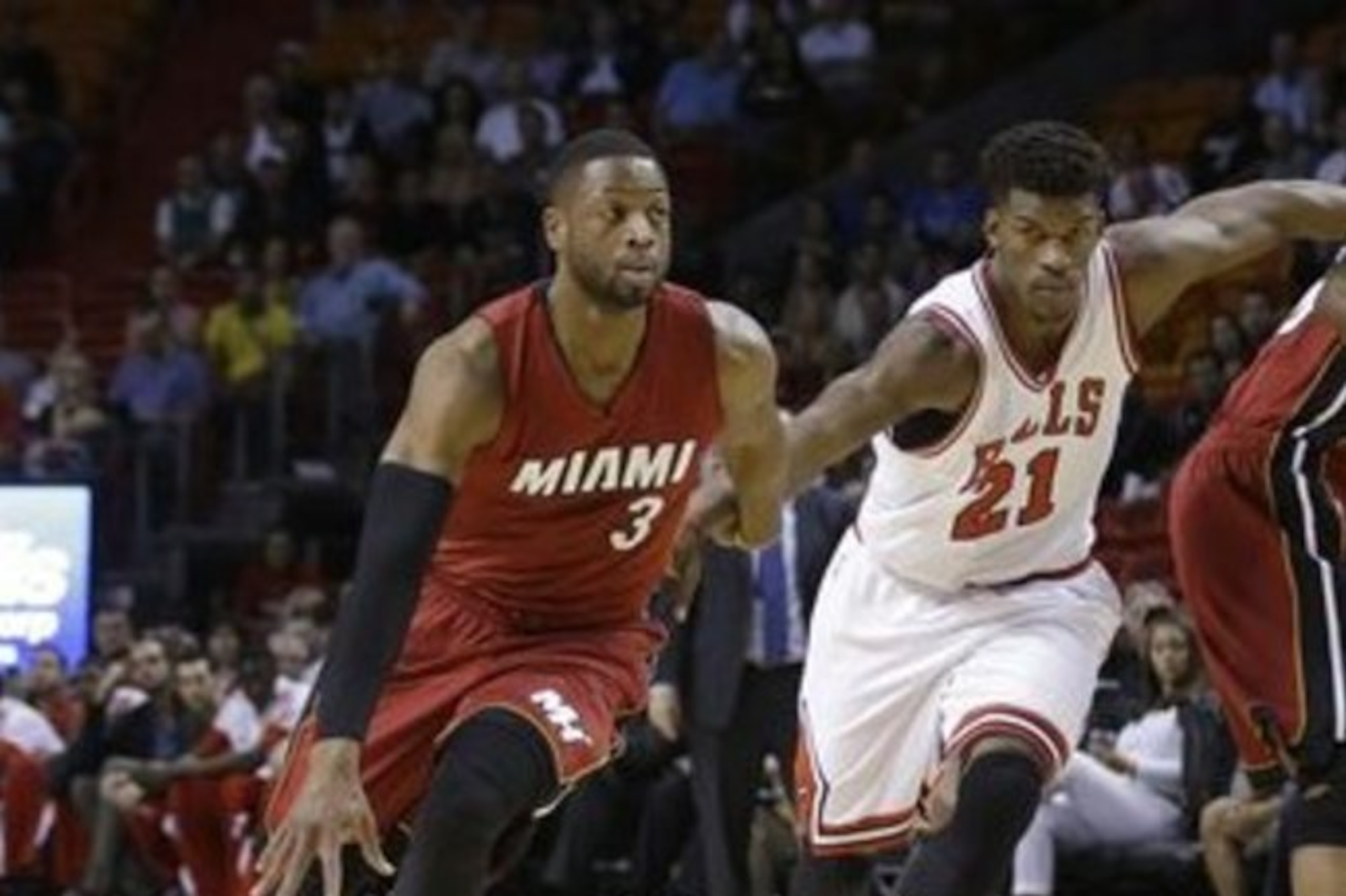 Wade driving on now-teammate Jimmy Butler.