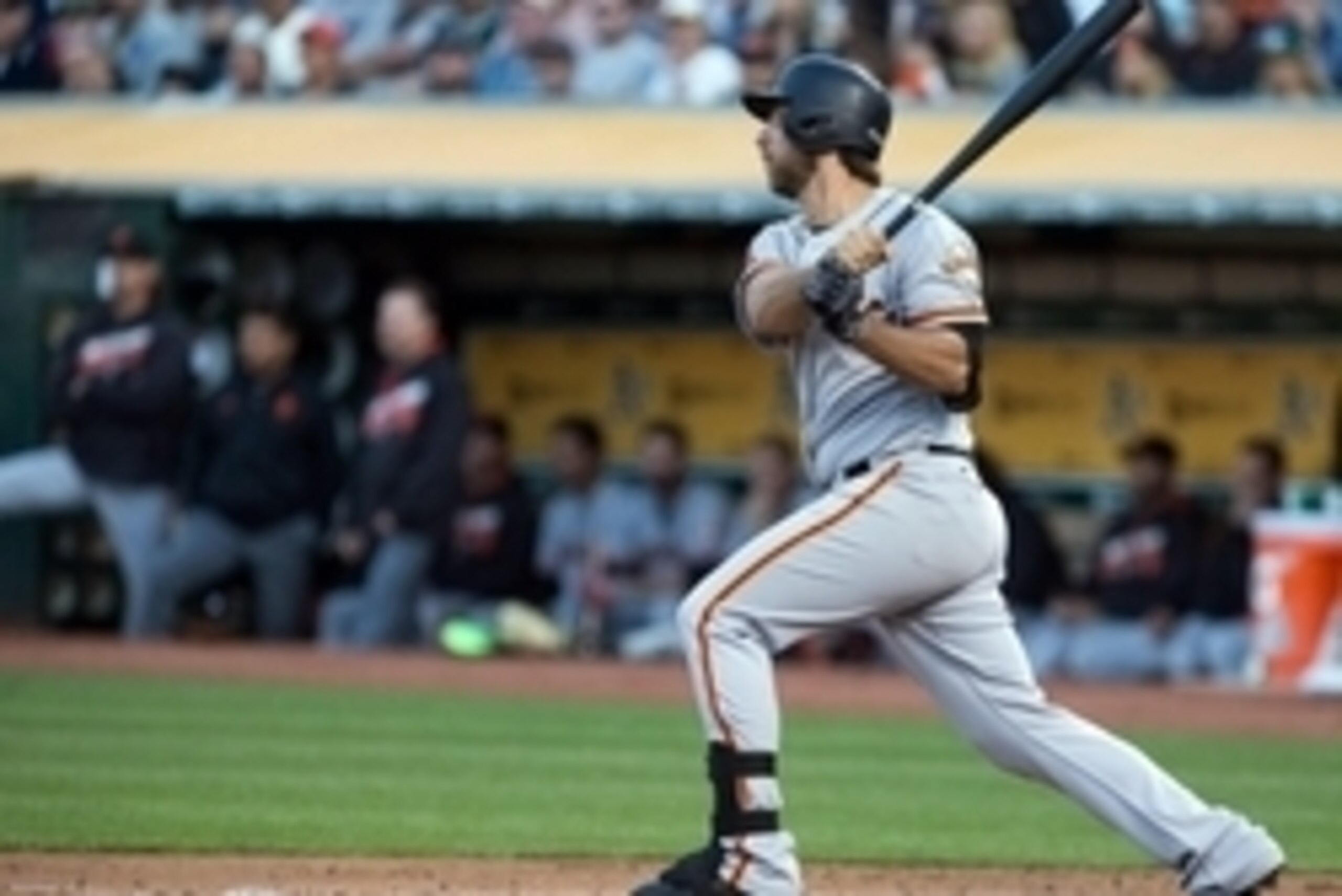 Jun 30, 2016; Oakland, CA, USA; San Francisco Giants starting pitcher Madison Bumgarner (40) hits a double against the Oakland Athletics during the third inning at Oakland Coliseum. Mandatory Credit: Kelley L Cox-USA TODAY Sports Jun 30, 2016; Oakland, CA, USA; San Francisco Giants starting pitcher Madison Bumgarner (40) hits a double against the Oakland Athletics during the third inning at Oakland Coliseum. Mandatory Credit: Kelley L Cox-USA TODAY Sports