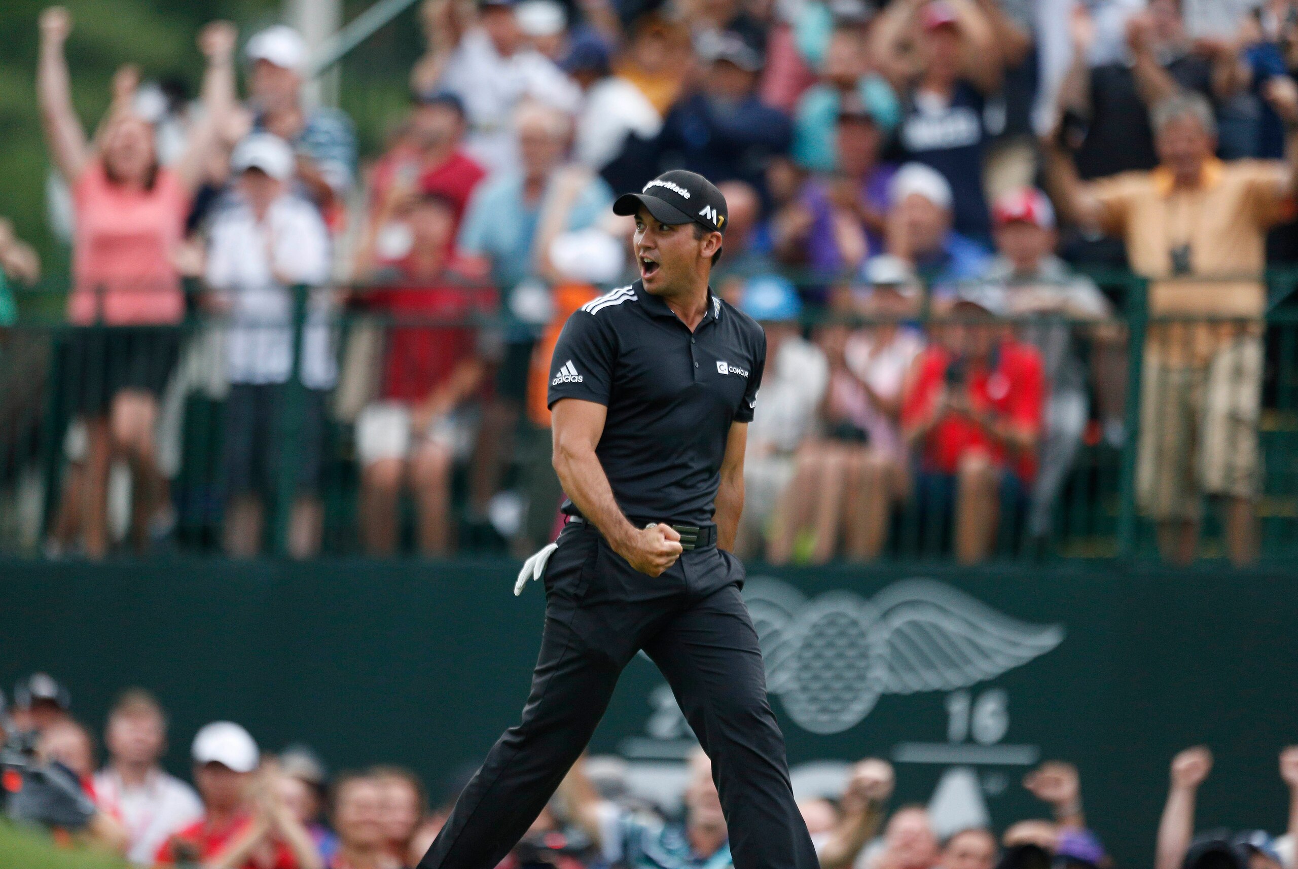 Jul 31, 2016; Springfield, NJ, USA; PGA golfer Jason Day reacts to making an eagle putt on the 18th hole during the Sunday round of the 2016 PGA Championship golf tournament at Baltusrol GC - Lower Course. Mandatory Credit: Brian Spurlock-USA TODAY Sports