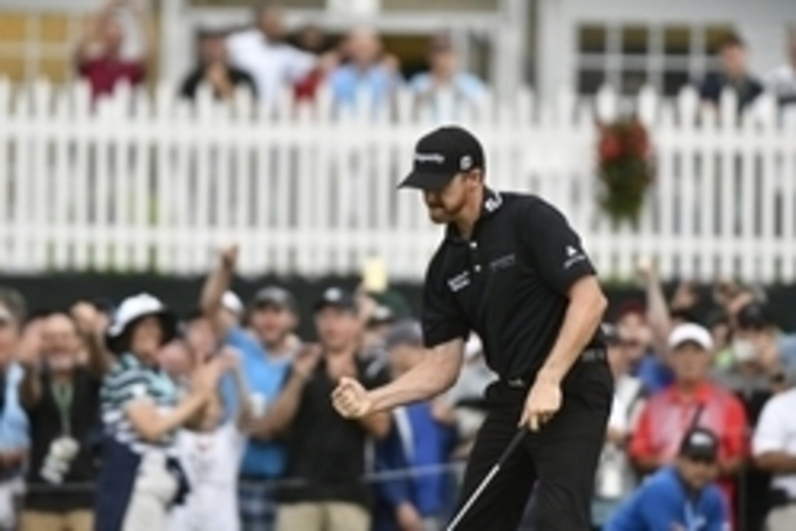 Jul 31, 2016; Springfield, NJ, USA; Jimmy Walker reacts to a birdie putt on the 17th holeduring the Sunday round of the 2016 PGA Championship golf tournament at Baltusrol GC - Lower Course. Mandatory Credit: Eric Sucar-USA TODAY Sports