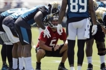 Jul 29, 2016; Jacksonville, FL, USA;  Jacksonville Jaguars quarterback Blake Bortles (5) runs the huddle during training camp at Practice Fields at EverBank Field. Mandatory Credit: Reinhold Matay-USA TODAY Sports